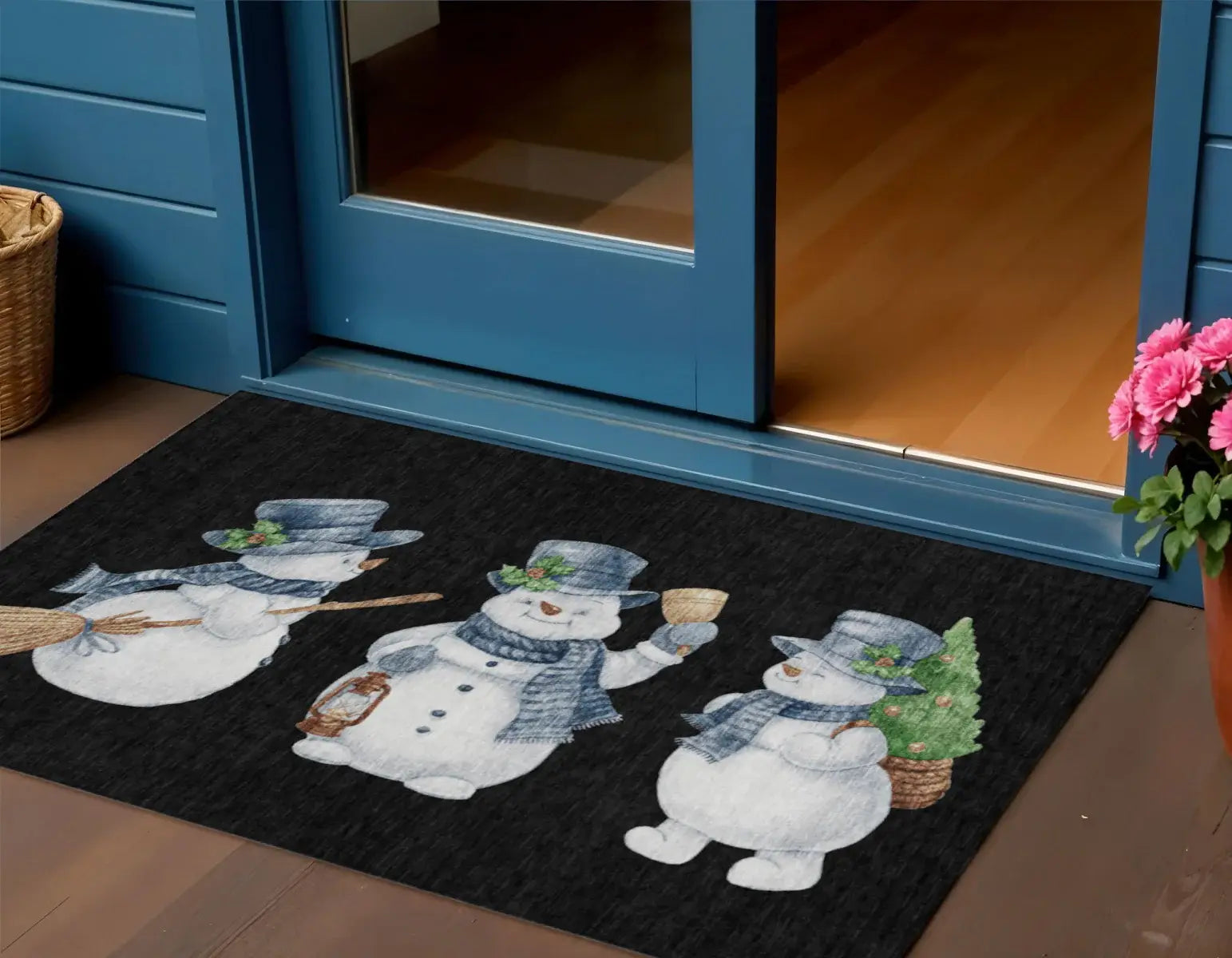 3' X 5' Black Denim Blue And Ivory Snowmen Washable Indoor Outdoor Area Rug - Homeroots - Flyclothing LLC
