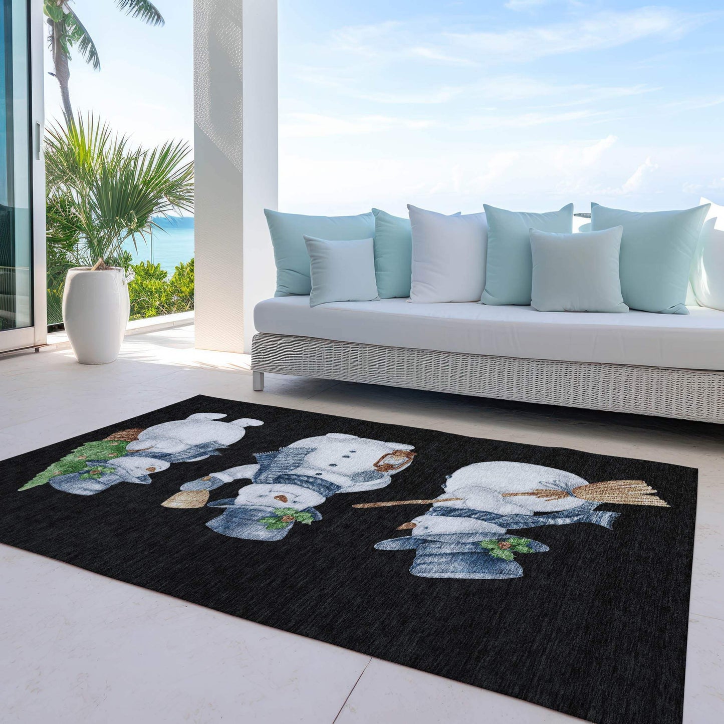 3' X 5' Black Denim Blue And Ivory Snowmen Washable Indoor Outdoor Area Rug - Homeroots - Flyclothing LLC