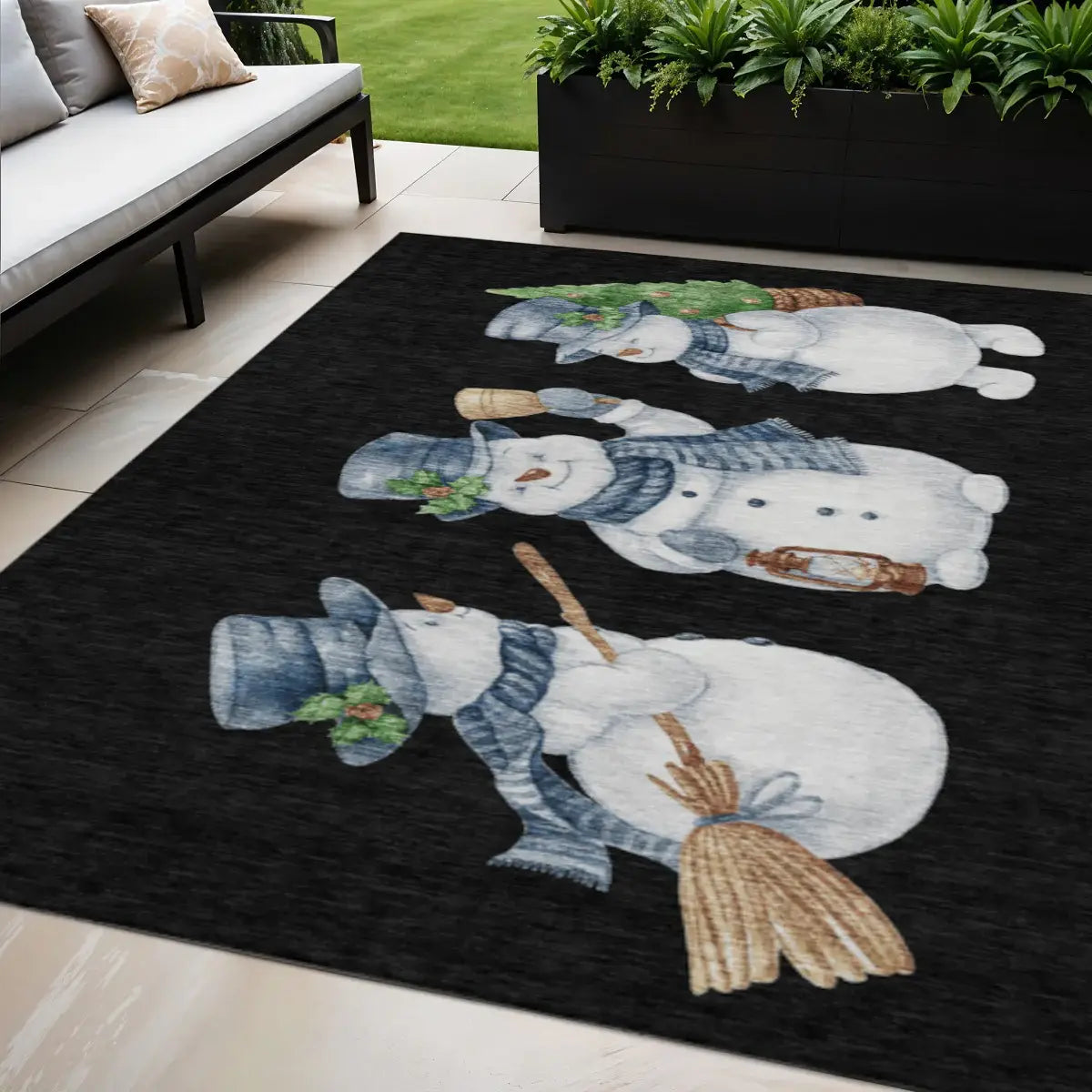 5' X 8' Black Denim Blue And Ivory Snowmen Washable Indoor Outdoor Area Rug - Homeroots - Flyclothing LLC