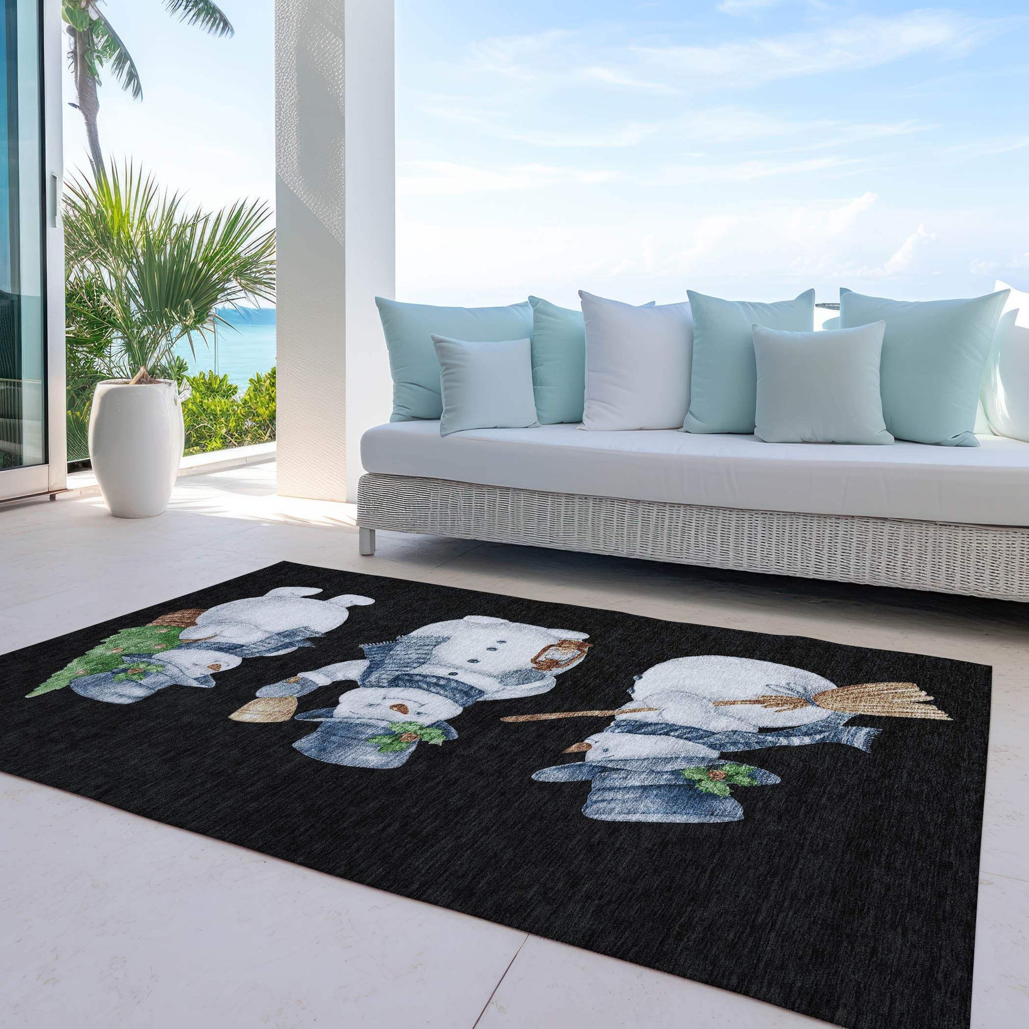 5' X 8' Black Denim Blue And Ivory Snowmen Washable Indoor Outdoor Area Rug - Homeroots - Flyclothing LLC