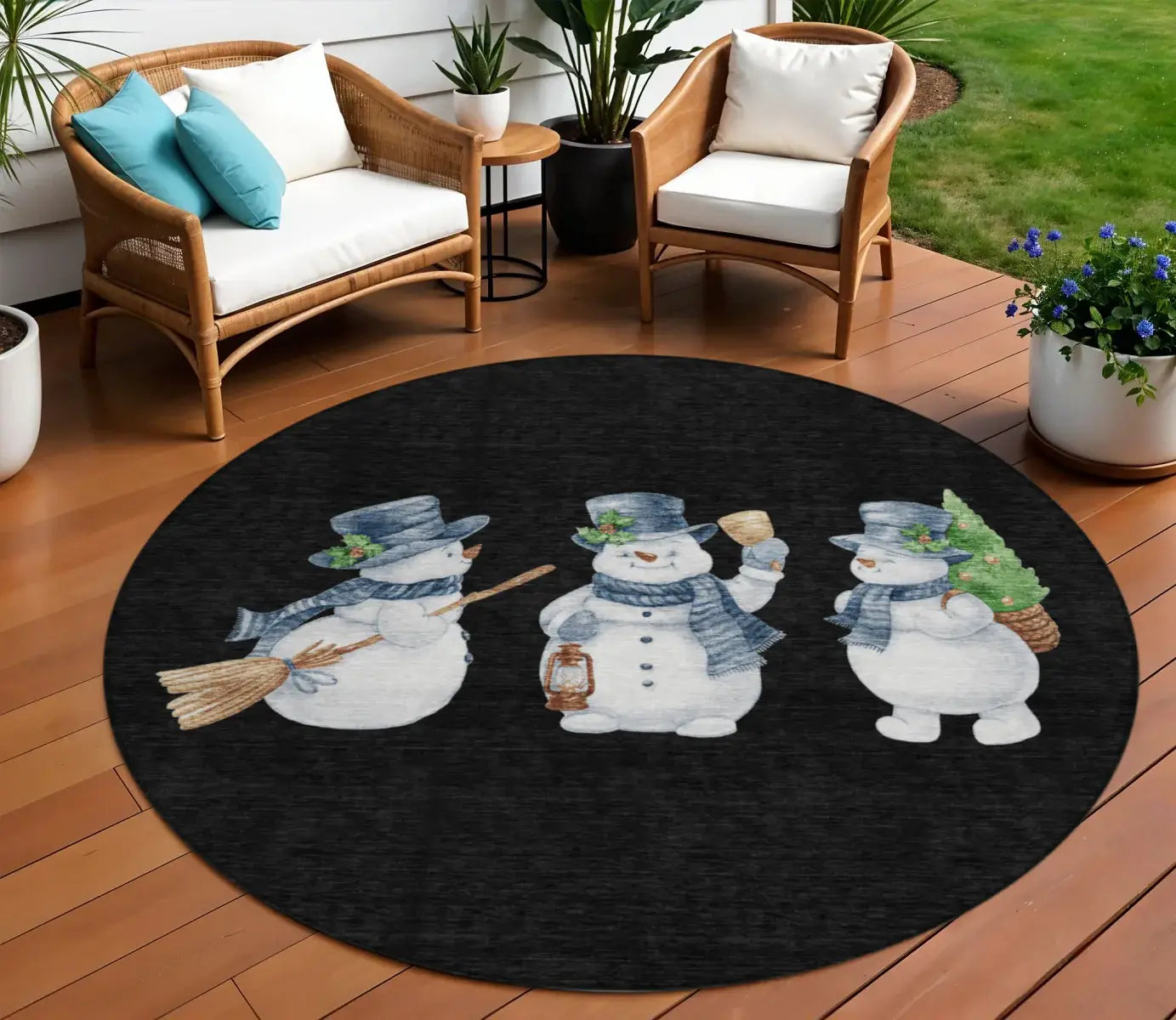 8' Black Denim Blue And Ivory Round Snowmen Washable Indoor Outdoor Area Rug - Homeroots - Flyclothing LLC