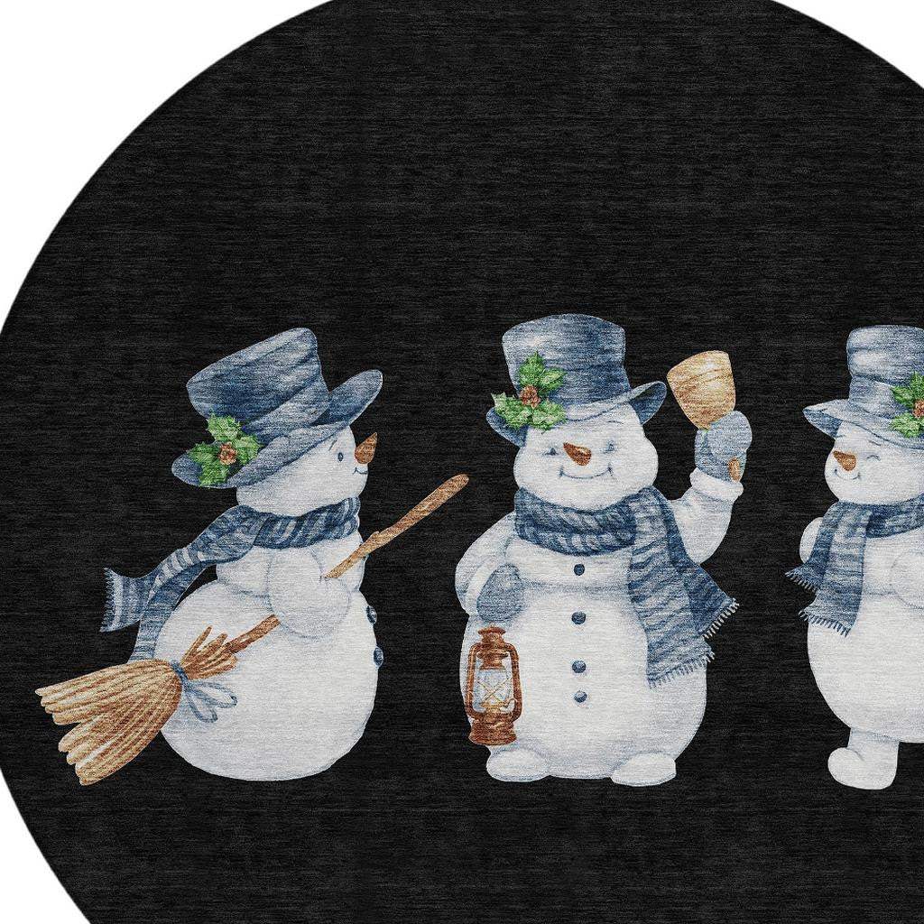 8' Black Denim Blue And Ivory Round Snowmen Washable Indoor Outdoor Area Rug - Homeroots - Flyclothing LLC