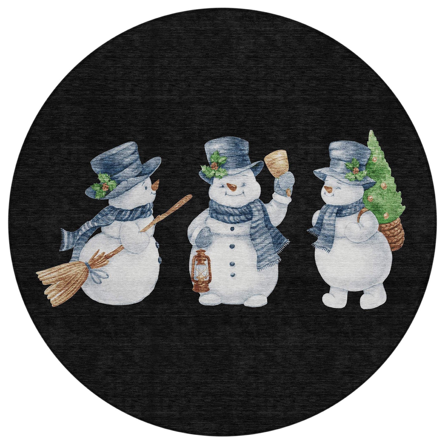 8' Black Denim Blue And Ivory Round Snowmen Washable Indoor Outdoor Area Rug - Homeroots - Flyclothing LLC