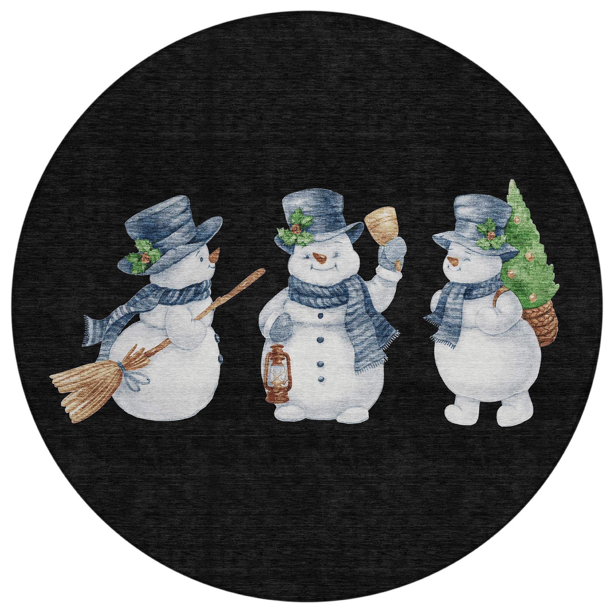 8' Black Denim Blue And Ivory Round Snowmen Washable Indoor Outdoor Area Rug - Homeroots - Flyclothing LLC