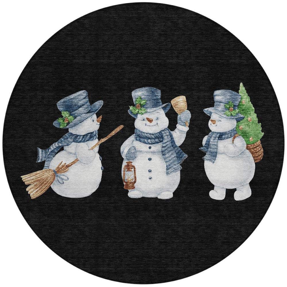 8' Black Denim Blue And Ivory Round Snowmen Washable Indoor Outdoor Area Rug - Homeroots - Flyclothing LLC