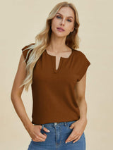 Double Take Full Size Notched Cap Sleeve Knit Top - Trendsi - Flyclothing LLC