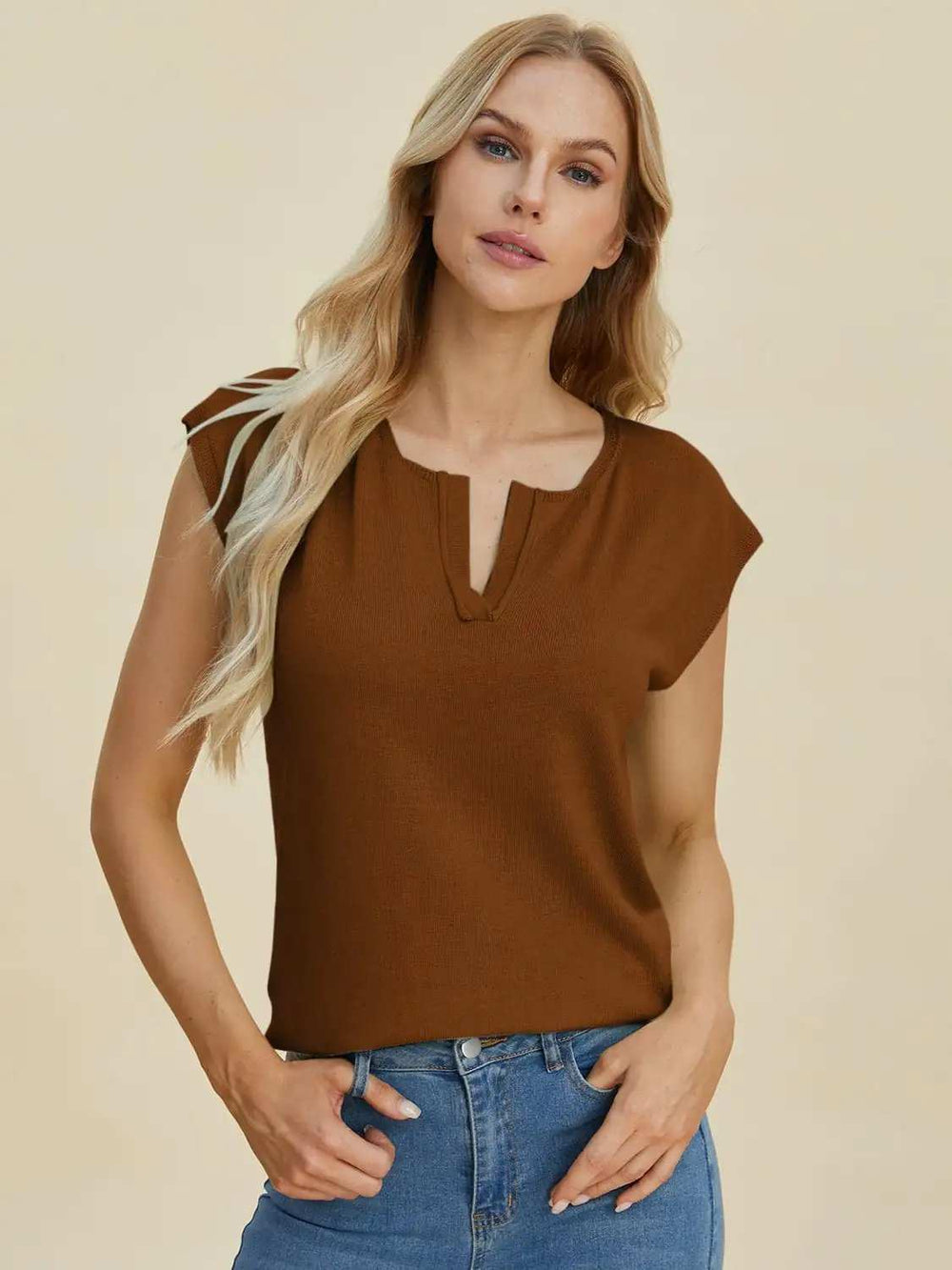 Double Take Full Size Notched Cap Sleeve Knit Top - Trendsi - Flyclothing LLC