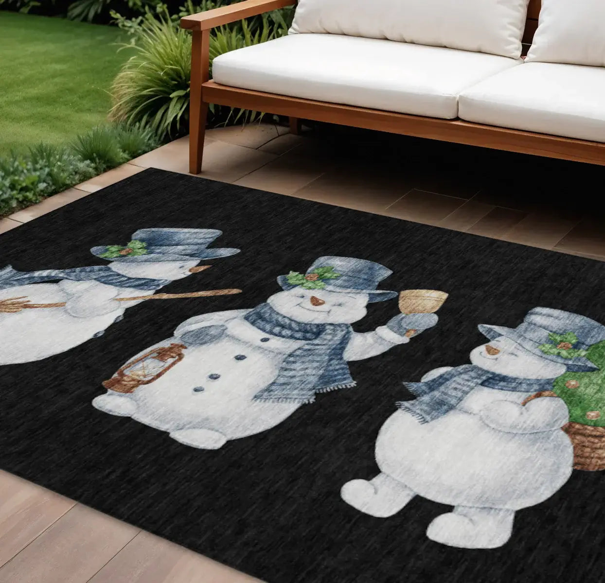 10' X 14' Black Denim Blue And Ivory Snowmen Washable Indoor Outdoor Area Rug - Homeroots - Flyclothing LLC