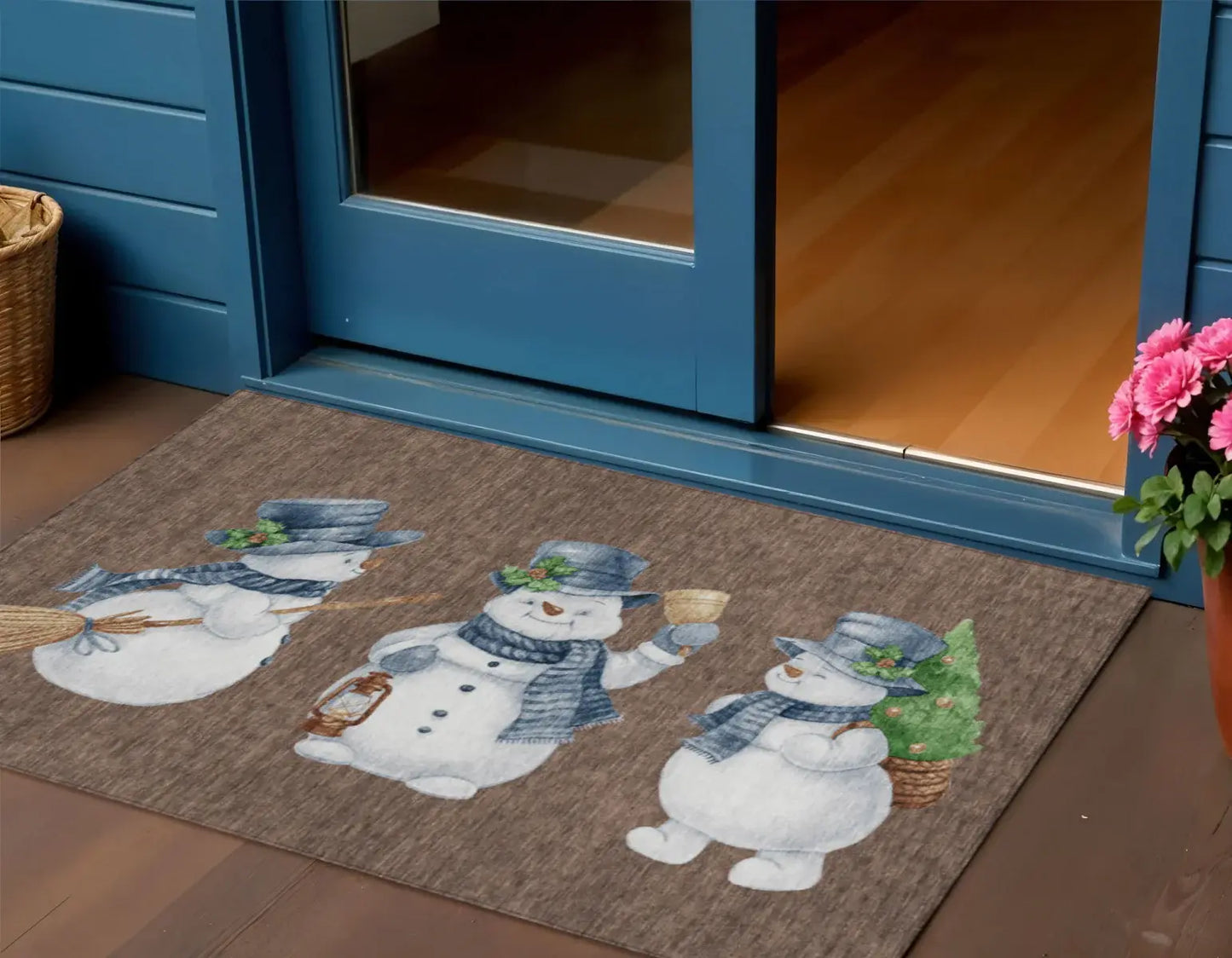 3' X 5' Brown Denim Blue And Ivory Snowmen Washable Indoor Outdoor Area Rug - Homeroots - Flyclothing LLC