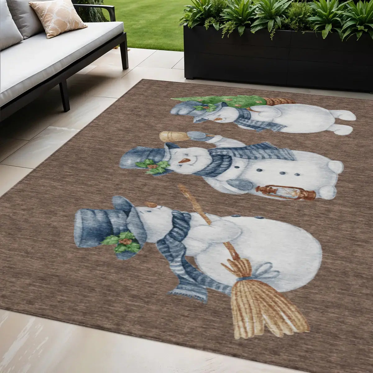 5' X 8' Brown Denim Blue And Ivory Snowmen Washable Indoor Outdoor Area Rug - Homeroots - Flyclothing LLC