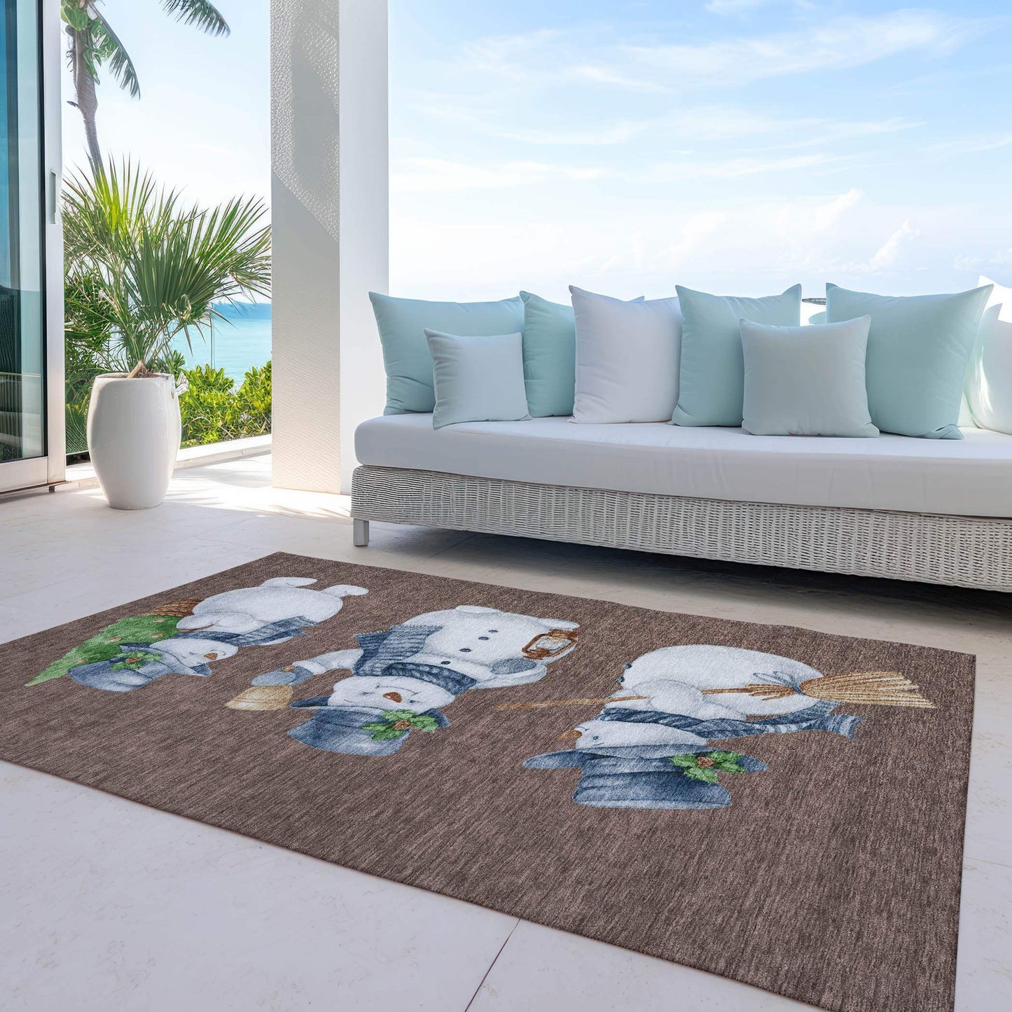 5' X 8' Brown Denim Blue And Ivory Snowmen Washable Indoor Outdoor Area Rug - Homeroots - Flyclothing LLC