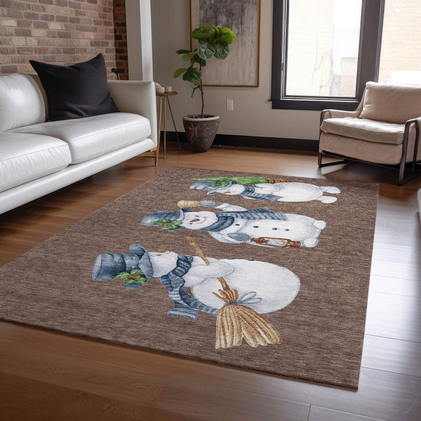 5' X 8' Brown Denim Blue And Ivory Snowmen Washable Indoor Outdoor Area Rug - Homeroots - Flyclothing LLC