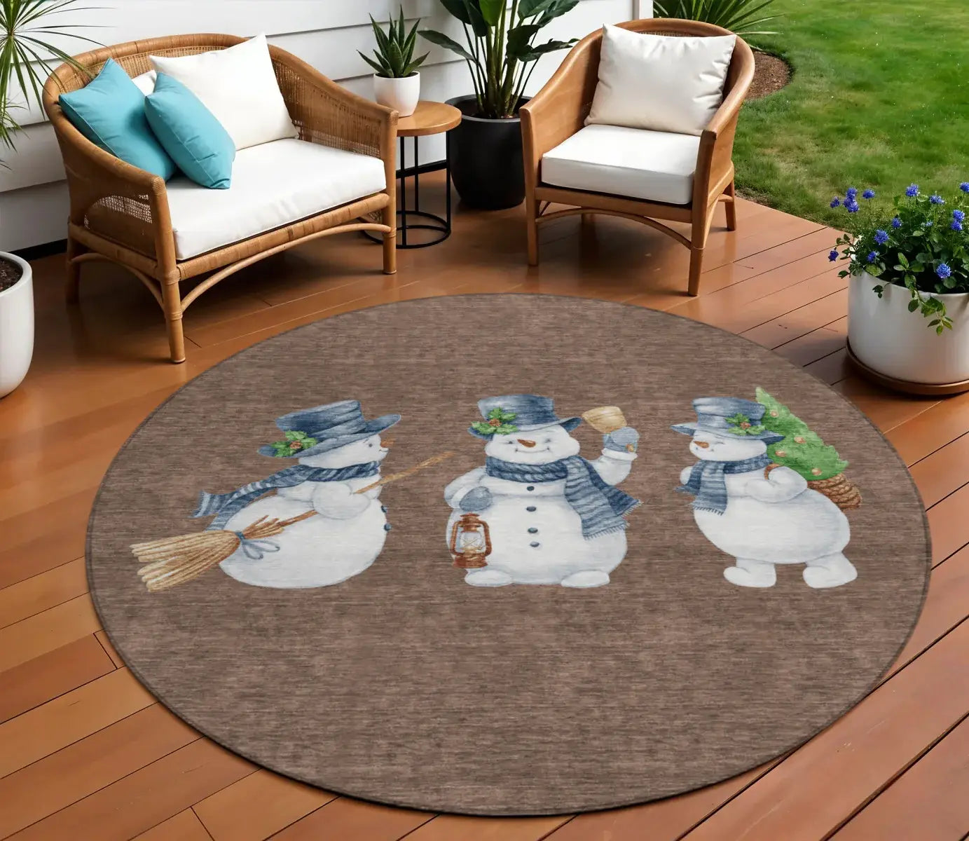 8' Brown Denim Blue And Ivory Round Snowmen Washable Indoor Outdoor Area Rug - Homeroots - Flyclothing LLC