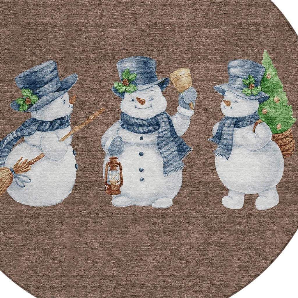 8' Brown Denim Blue And Ivory Round Snowmen Washable Indoor Outdoor Area Rug - Homeroots - Flyclothing LLC