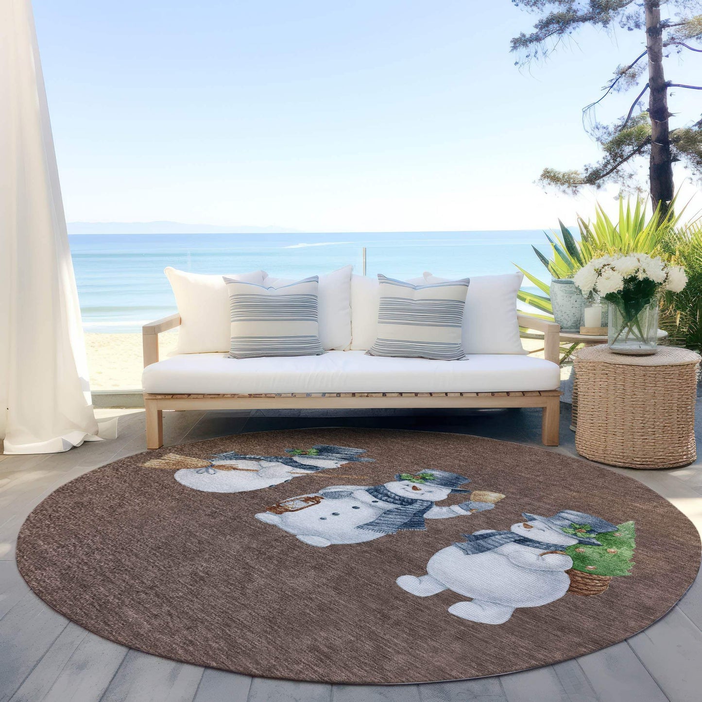 8' Brown Denim Blue And Ivory Round Snowmen Washable Indoor Outdoor Area Rug - Homeroots - Flyclothing LLC