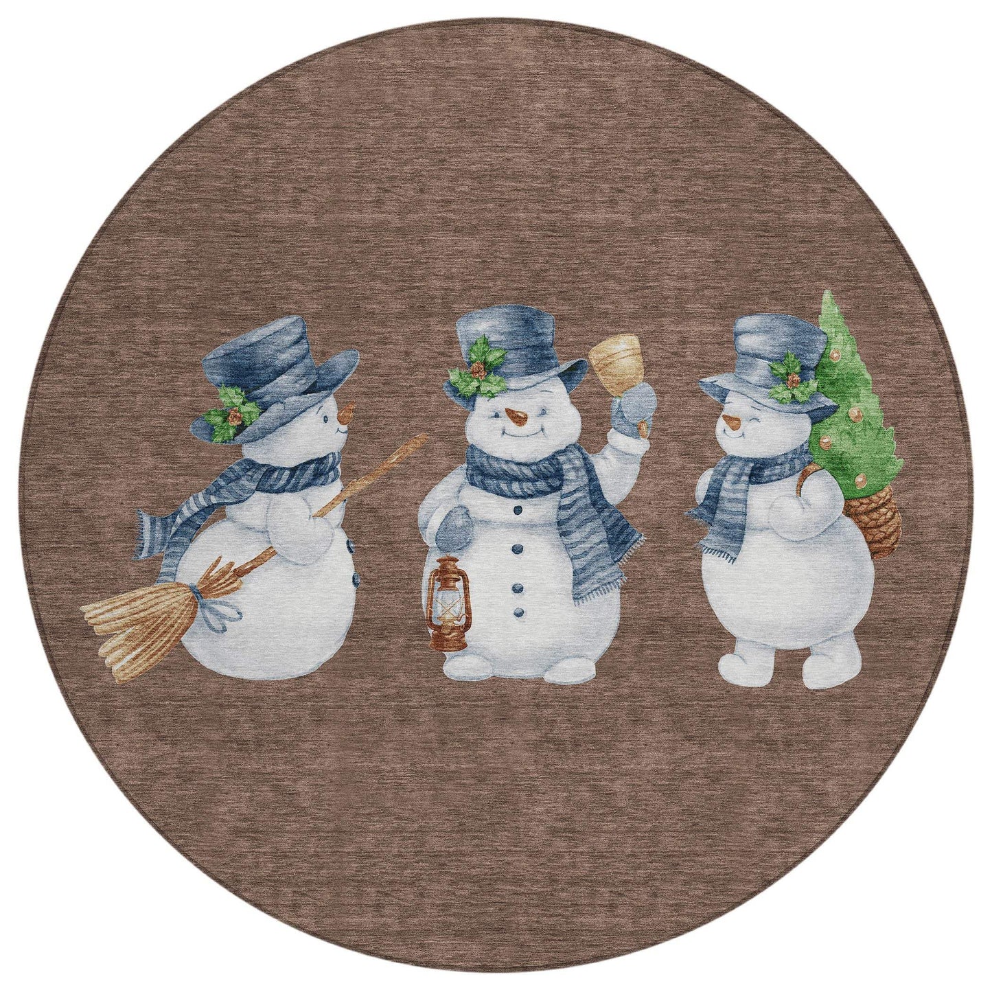 8' Brown Denim Blue And Ivory Round Snowmen Washable Indoor Outdoor Area Rug - Homeroots - Flyclothing LLC