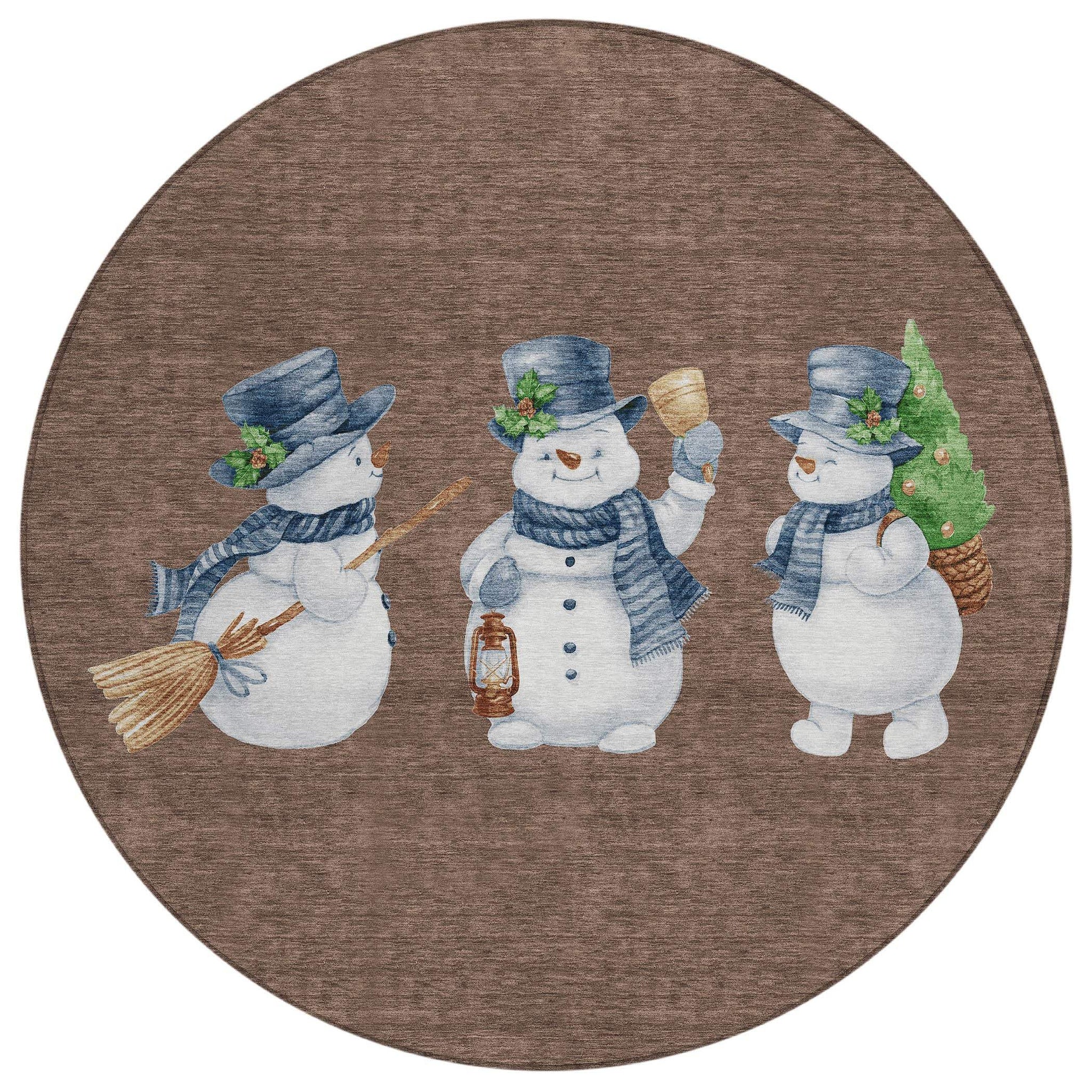 8' Brown Denim Blue And Ivory Round Snowmen Washable Indoor Outdoor Area Rug - Homeroots - Flyclothing LLC