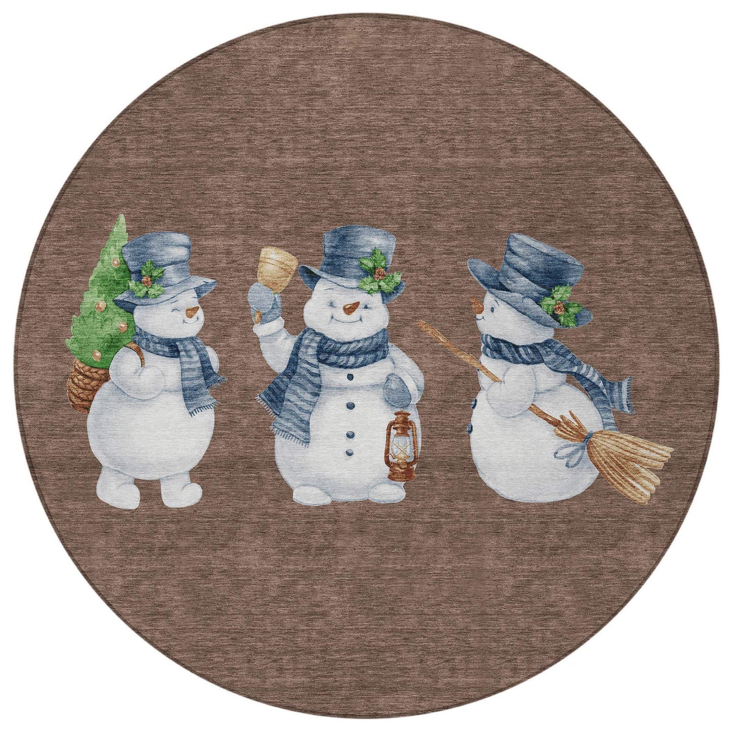 8' Brown Denim Blue And Ivory Round Snowmen Washable Indoor Outdoor Area Rug - Homeroots - Flyclothing LLC
