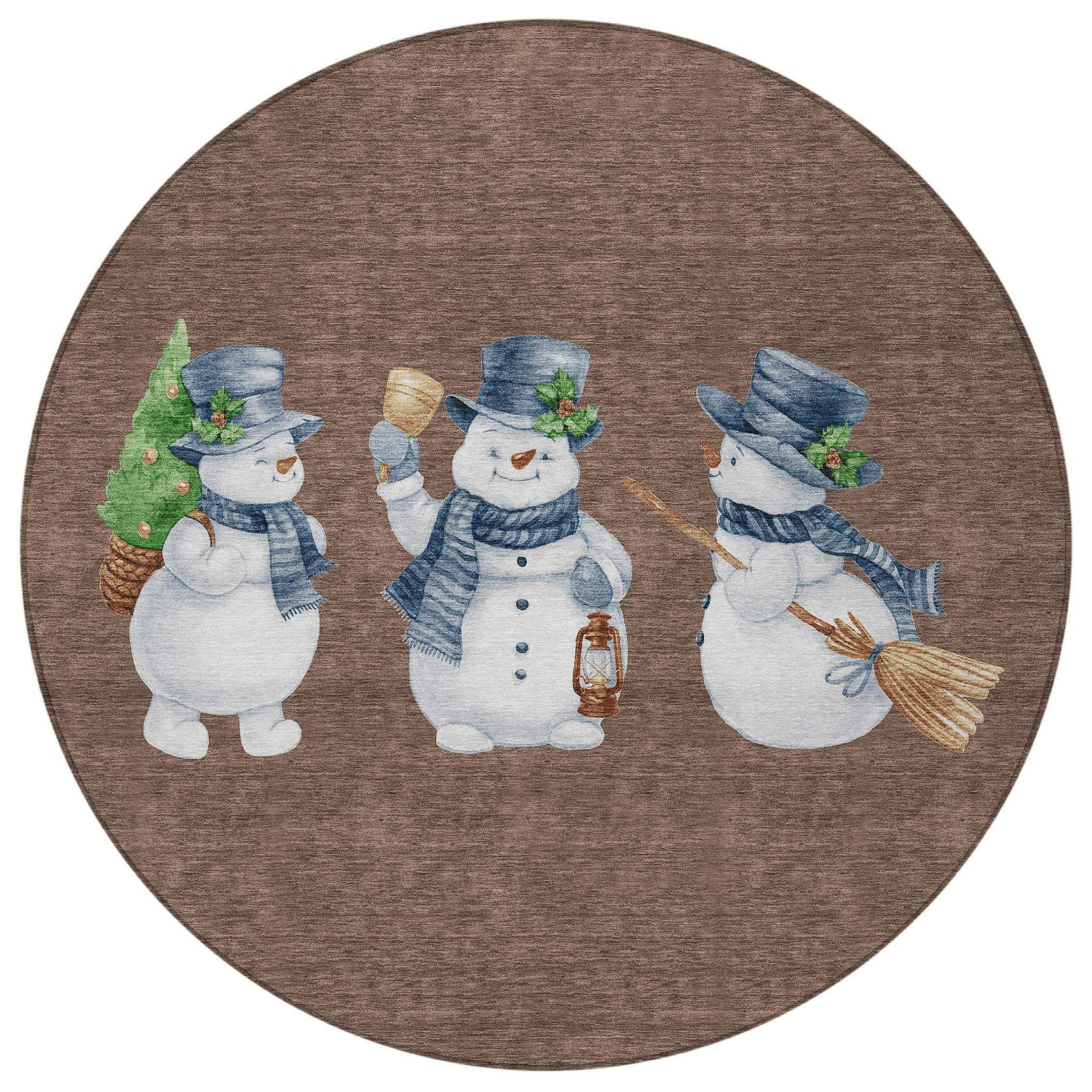 8' Brown Denim Blue And Ivory Round Snowmen Washable Indoor Outdoor Area Rug - Homeroots - Flyclothing LLC