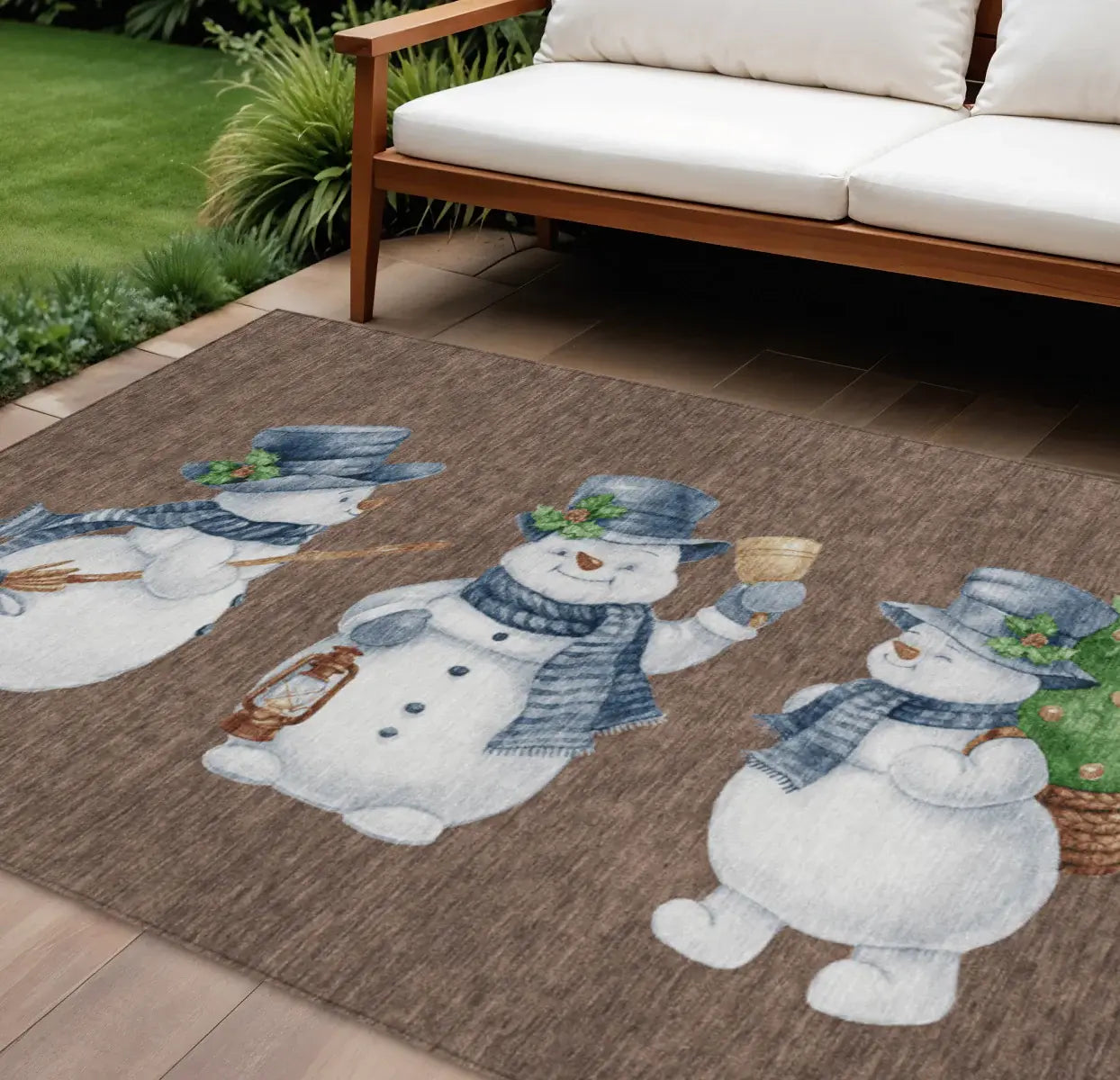 8' X 10' Brown Denim Blue And Ivory Snowmen Washable Indoor Outdoor Area Rug - Homeroots - Flyclothing LLC