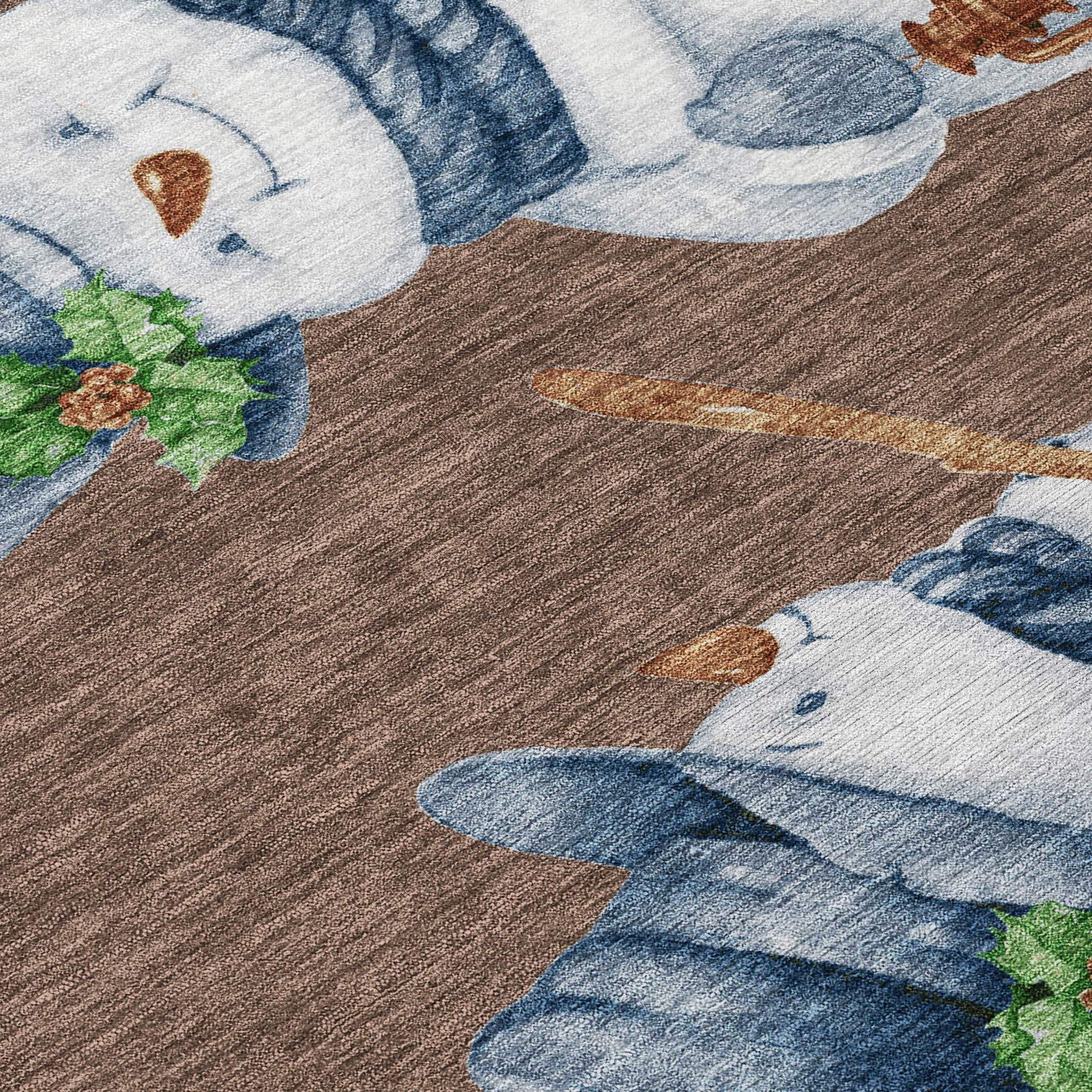 8' X 10' Brown Denim Blue And Ivory Snowmen Washable Indoor Outdoor Area Rug - Homeroots - Flyclothing LLC
