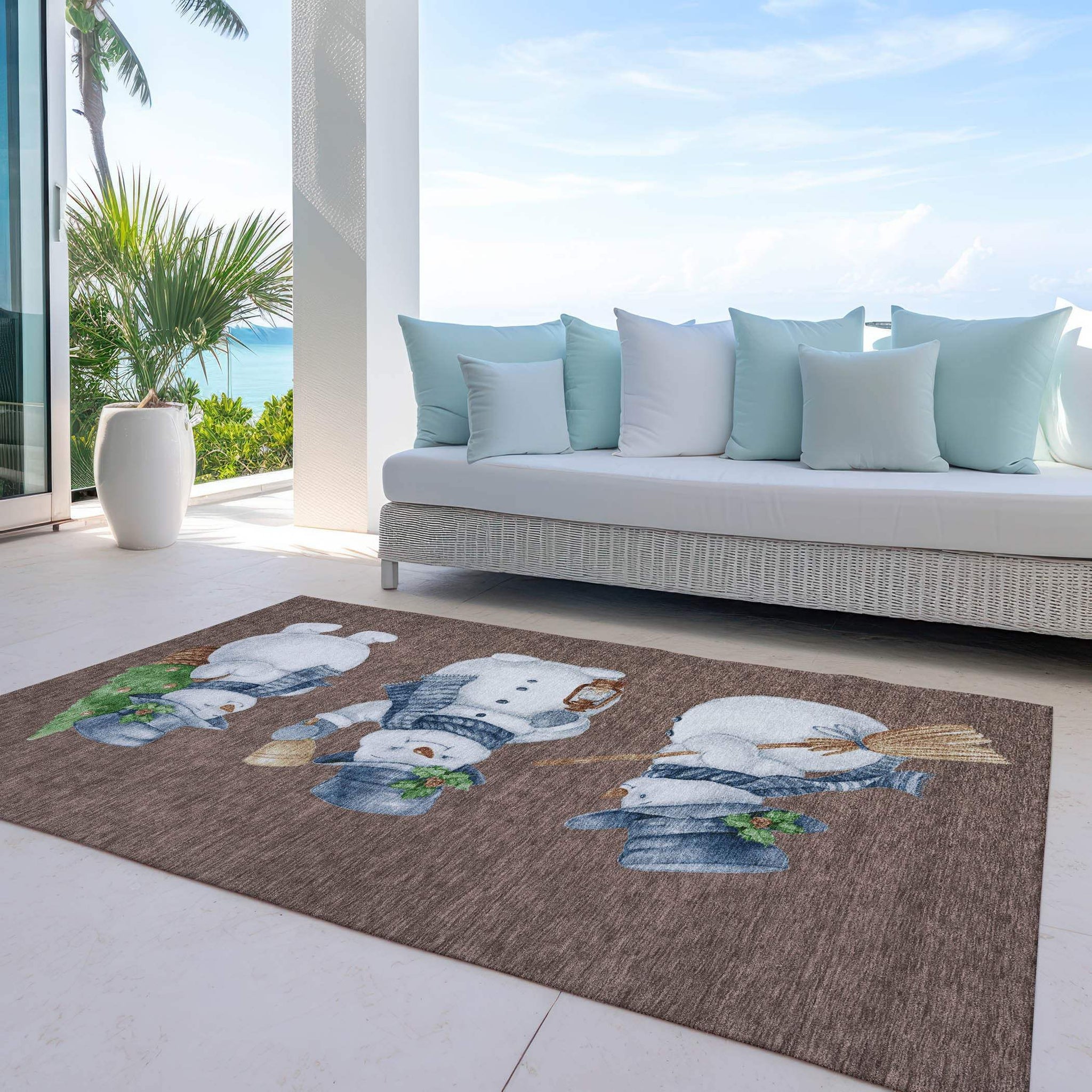 10' X 14' Brown Denim Blue And Ivory Snowmen Washable Indoor Outdoor Area Rug - Homeroots - Flyclothing LLC