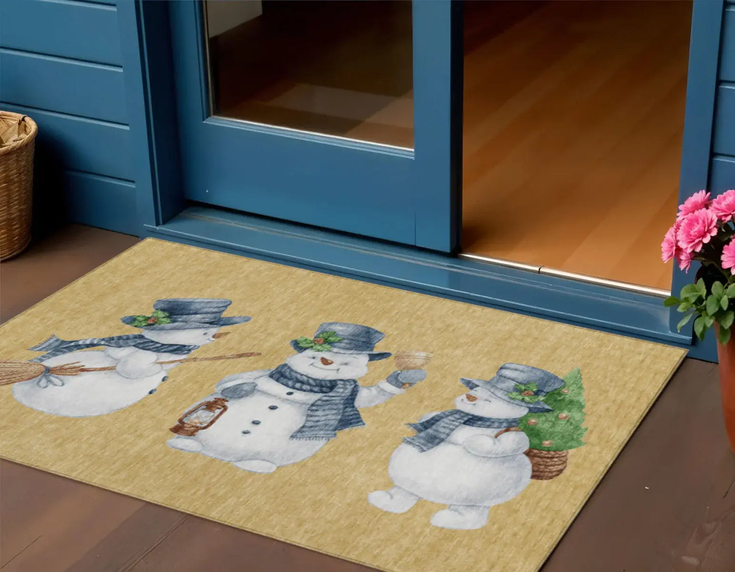 3' X 5' Gold Denim Blue And Ivory Snowmen Washable Indoor Outdoor Area Rug - Homeroots - Flyclothing LLC