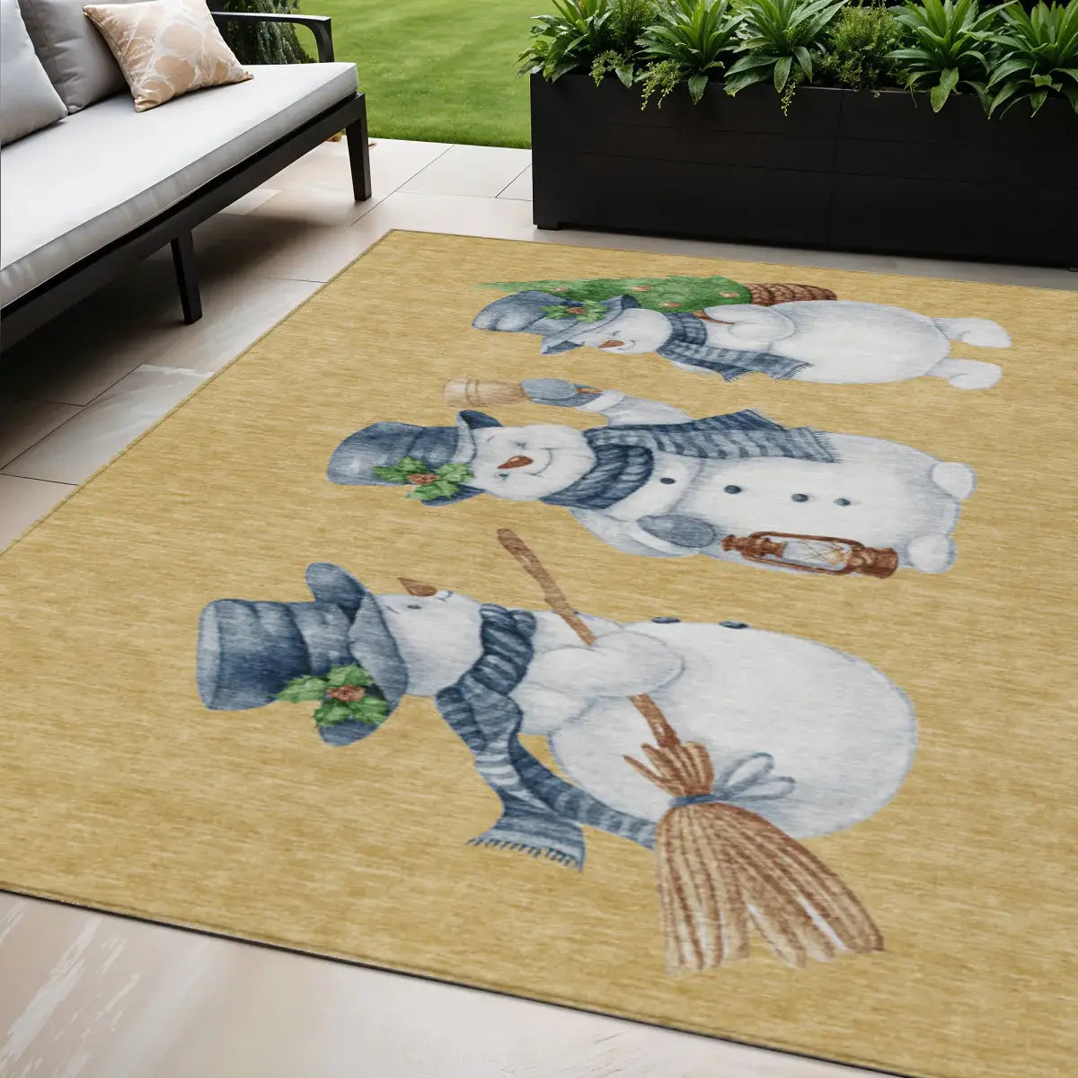 5' X 8' Gold Denim Blue And Ivory Snowmen Washable Indoor Outdoor Area Rug - Homeroots - Flyclothing LLC