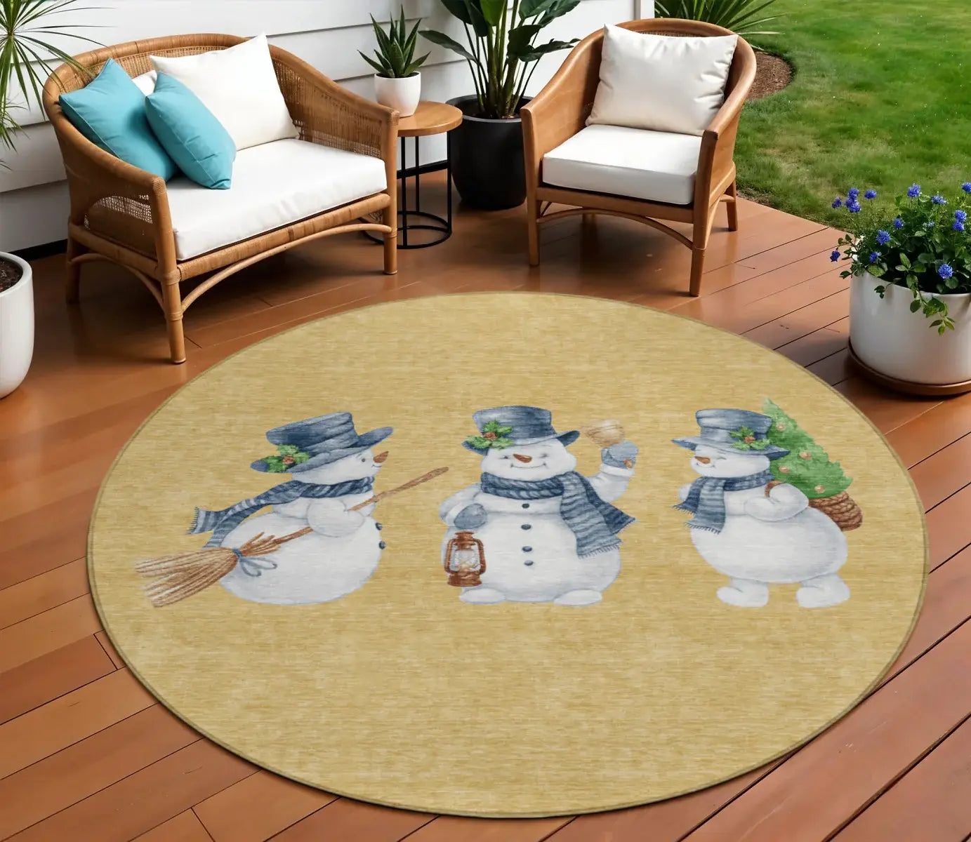 8' Gold Denim Blue And Ivory Round Snowmen Washable Indoor Outdoor Area Rug - Homeroots - Flyclothing LLC