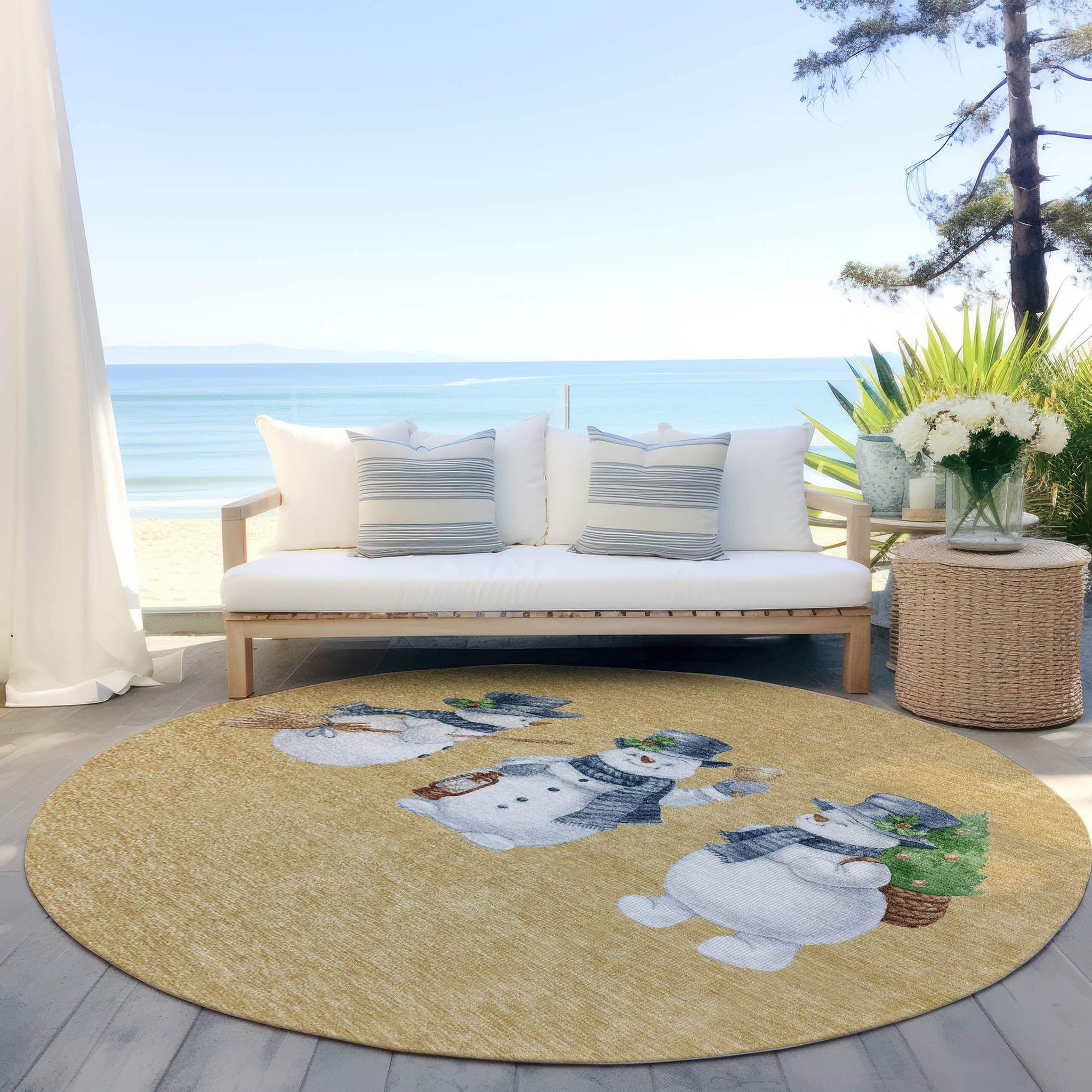 8' Gold Denim Blue And Ivory Round Snowmen Washable Indoor Outdoor Area Rug - Homeroots - Flyclothing LLC