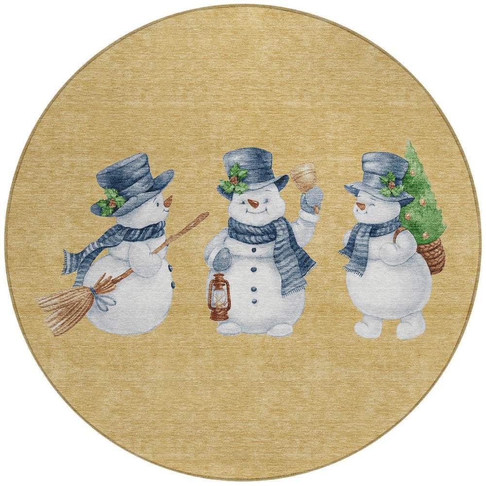 8' Gold Denim Blue And Ivory Round Snowmen Washable Indoor Outdoor Area Rug - Homeroots - Flyclothing LLC