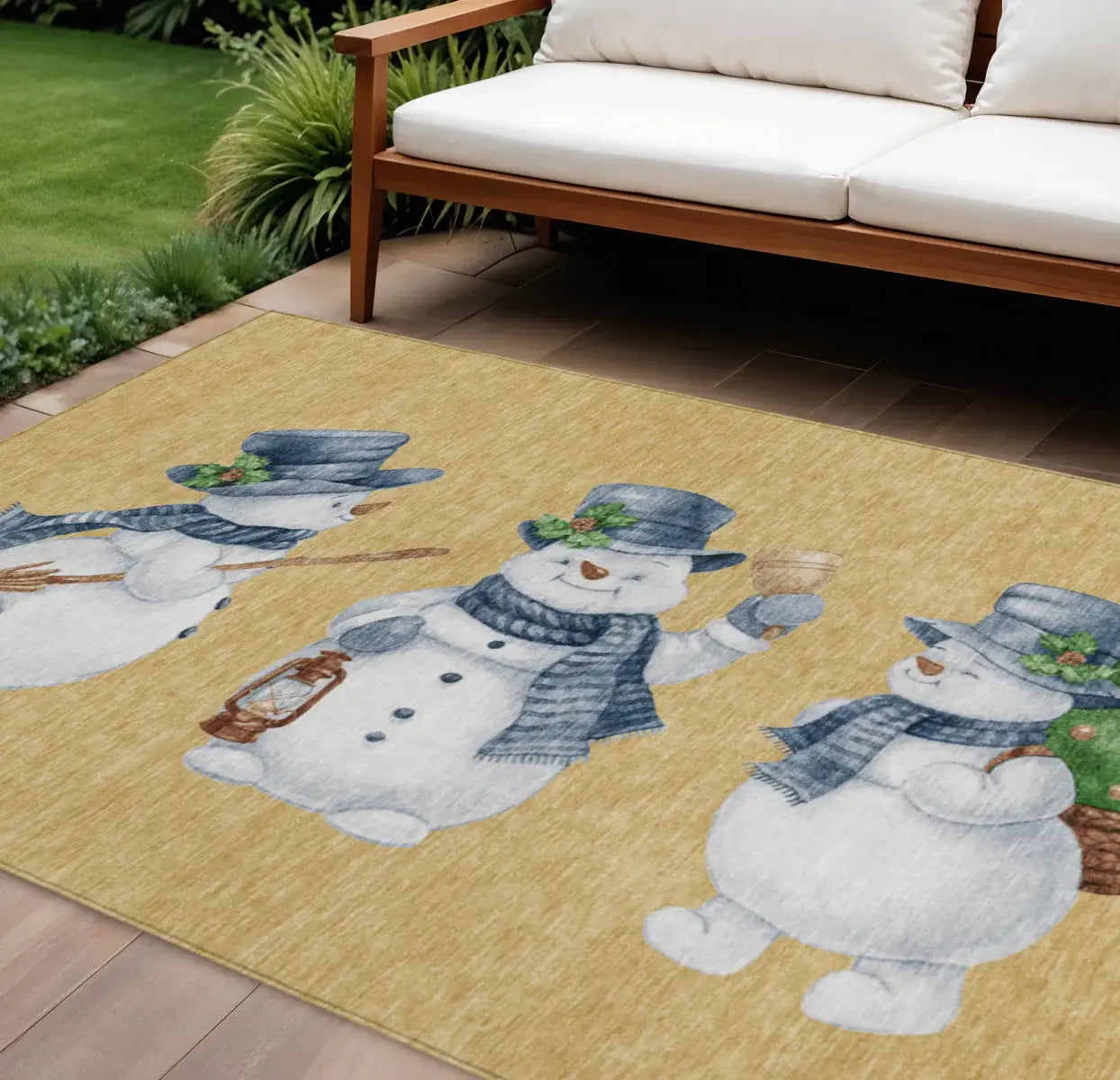 8' X 10' Gold Denim Blue And Ivory Snowmen Washable Indoor Outdoor Area Rug - Homeroots - Flyclothing LLC