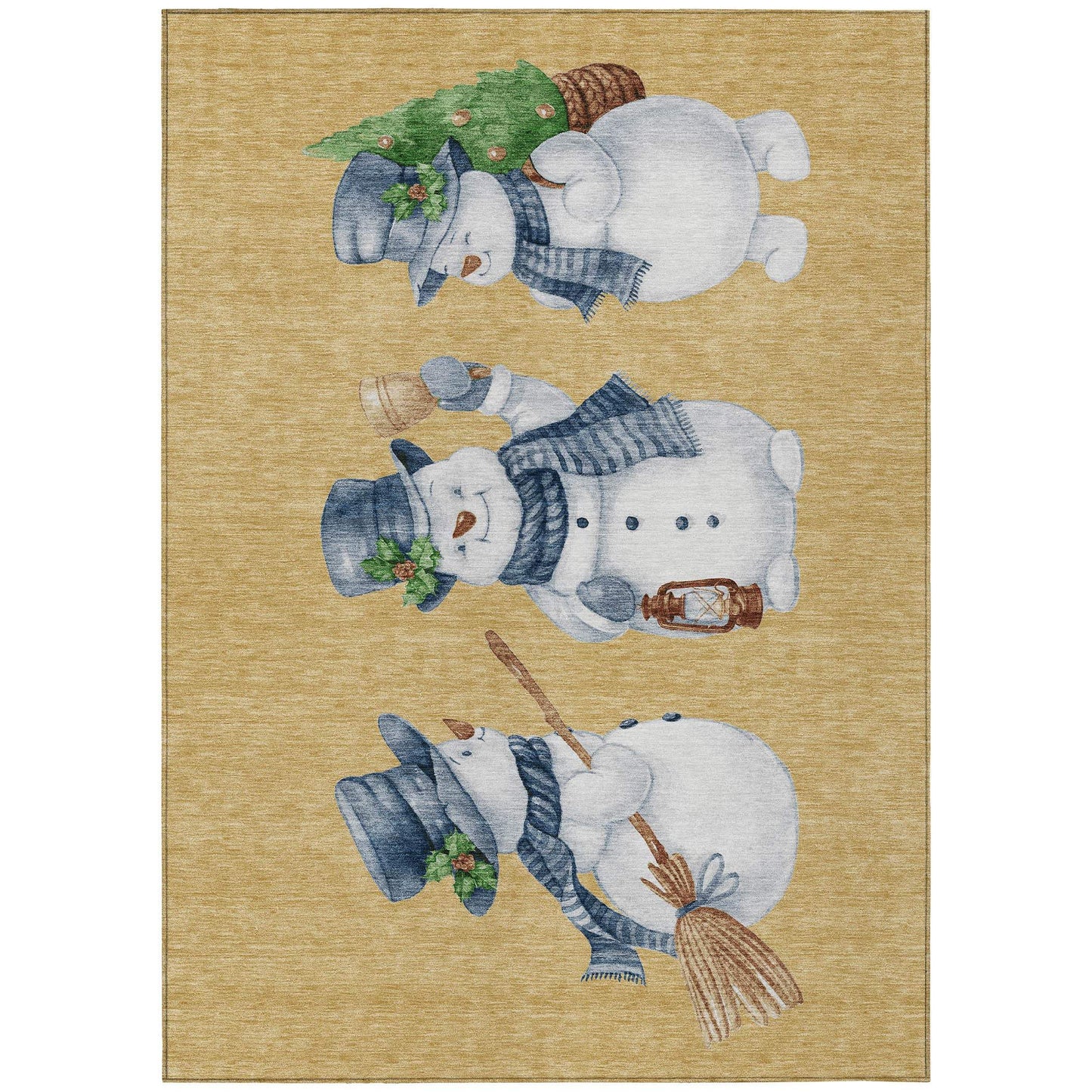 8' X 10' Gold Denim Blue And Ivory Snowmen Washable Indoor Outdoor Area Rug - Homeroots - Flyclothing LLC