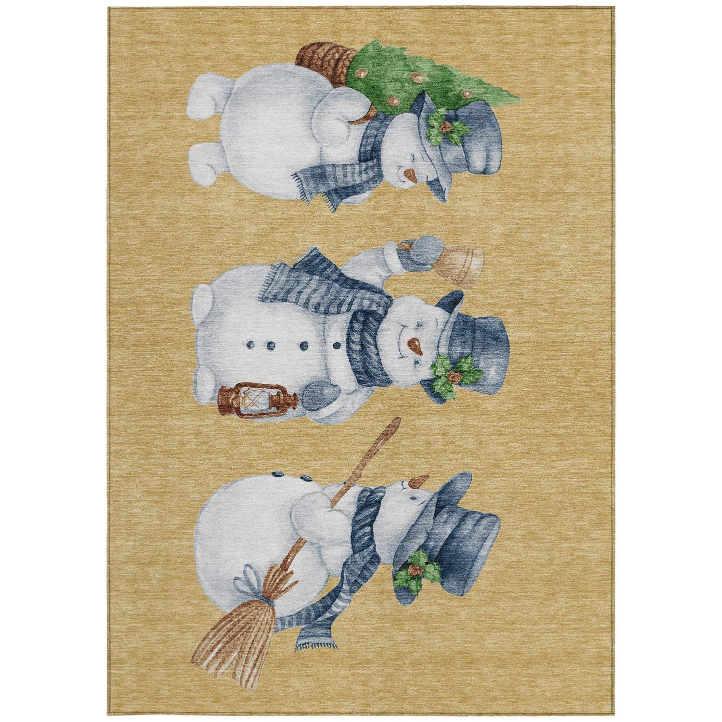 9' X 12' Gold Denim Blue And Ivory Snowmen Washable Indoor Outdoor Area Rug - Homeroots - Flyclothing LLC