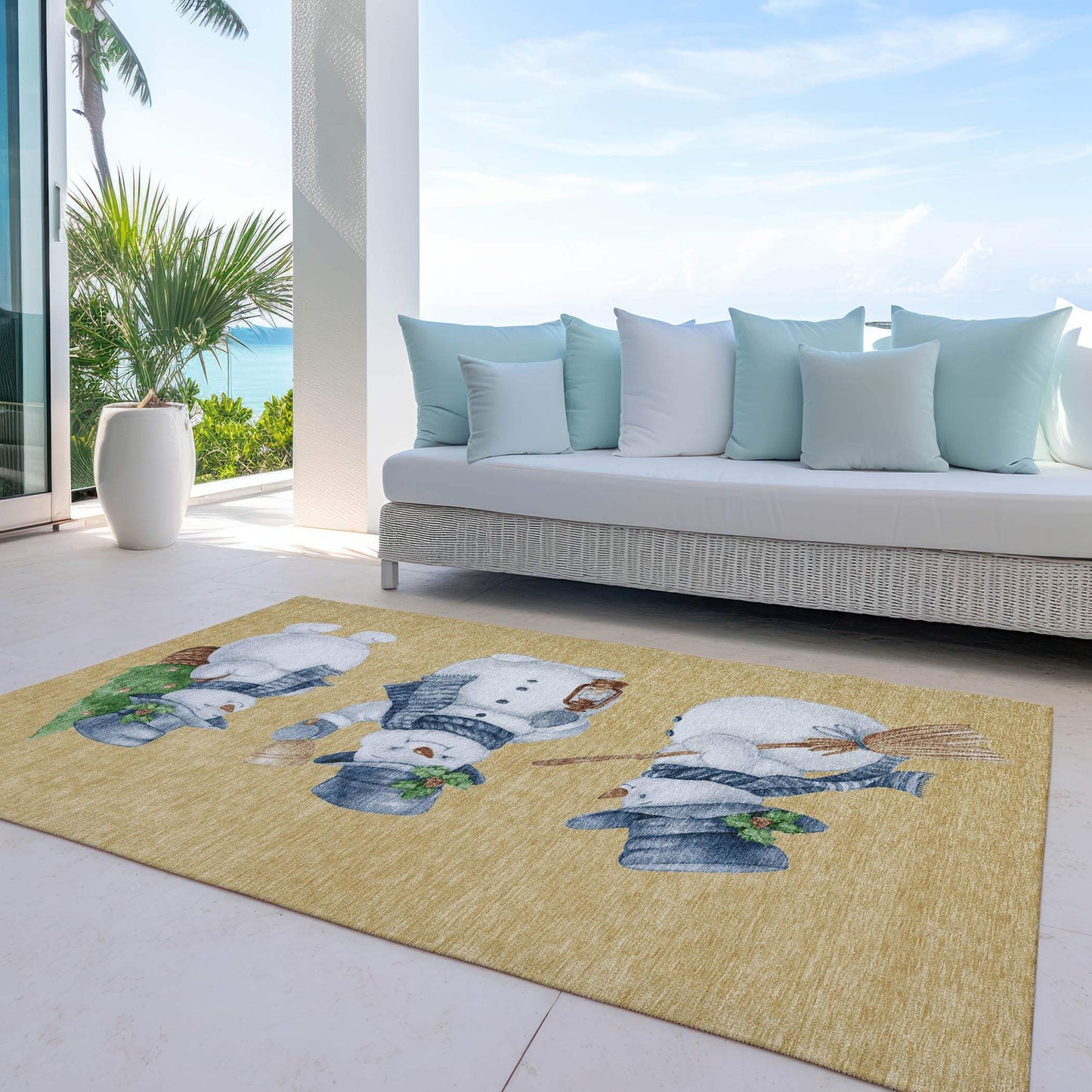 9' X 12' Gold Denim Blue And Ivory Snowmen Washable Indoor Outdoor Area Rug - Homeroots - Flyclothing LLC