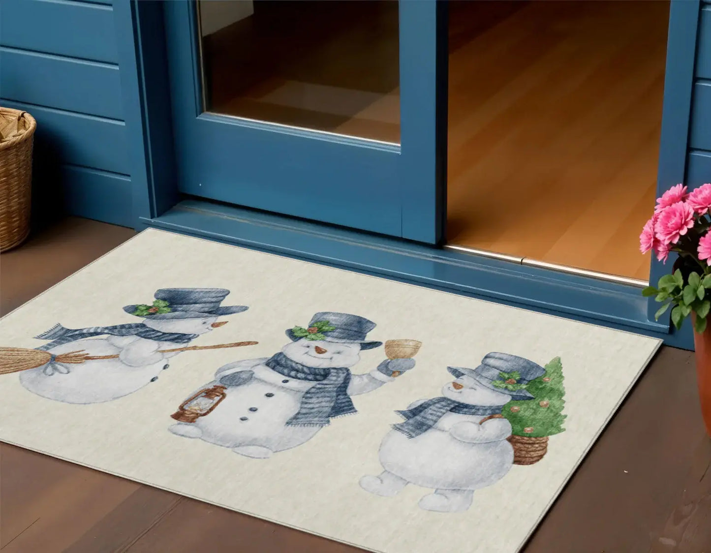3' X 5' Ivory And Denim Blue Snowmen Washable Indoor Outdoor Area Rug - Homeroots - Flyclothing LLC