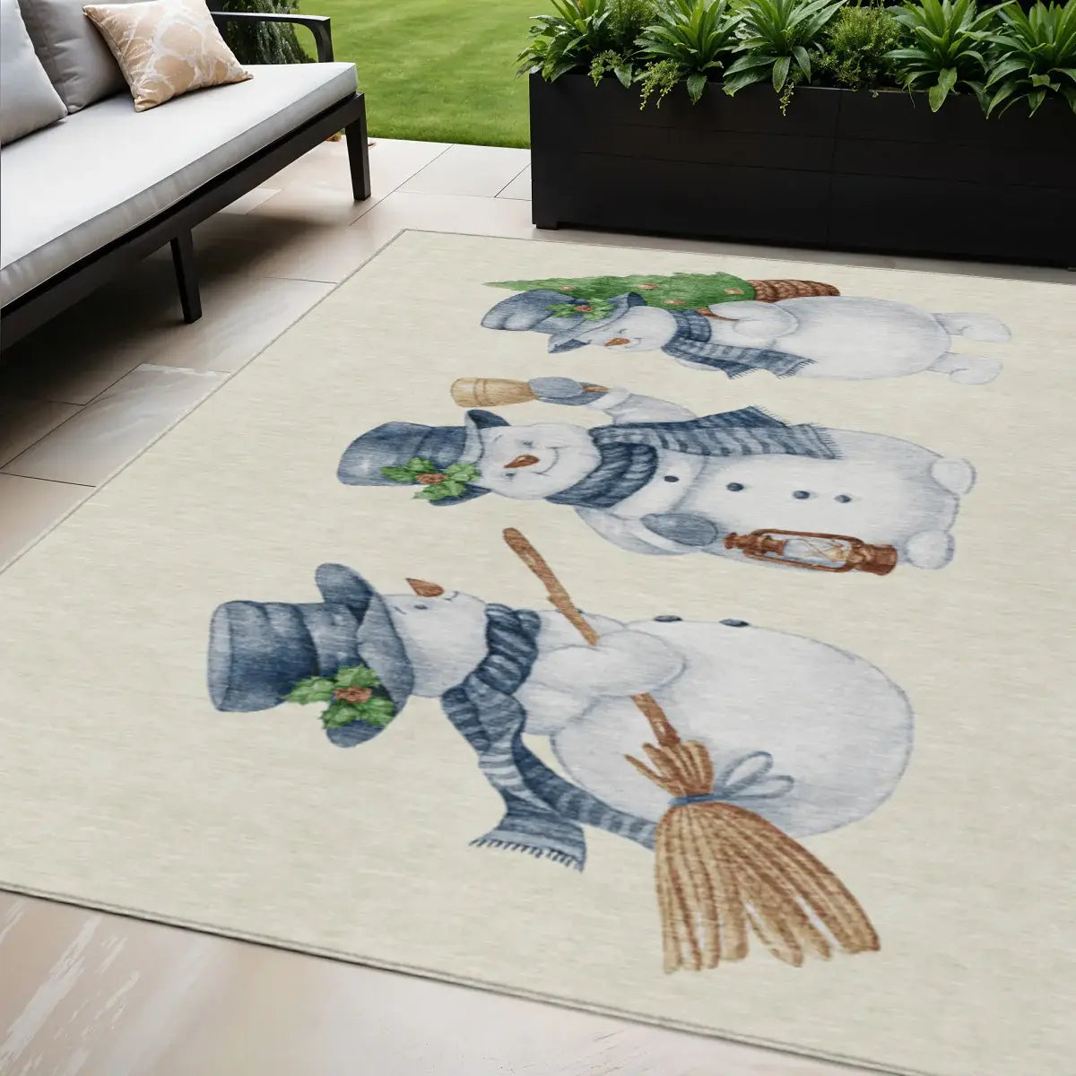 5' X 8' Ivory And Denim Blue Snowmen Washable Indoor Outdoor Area Rug - Homeroots - Flyclothing LLC