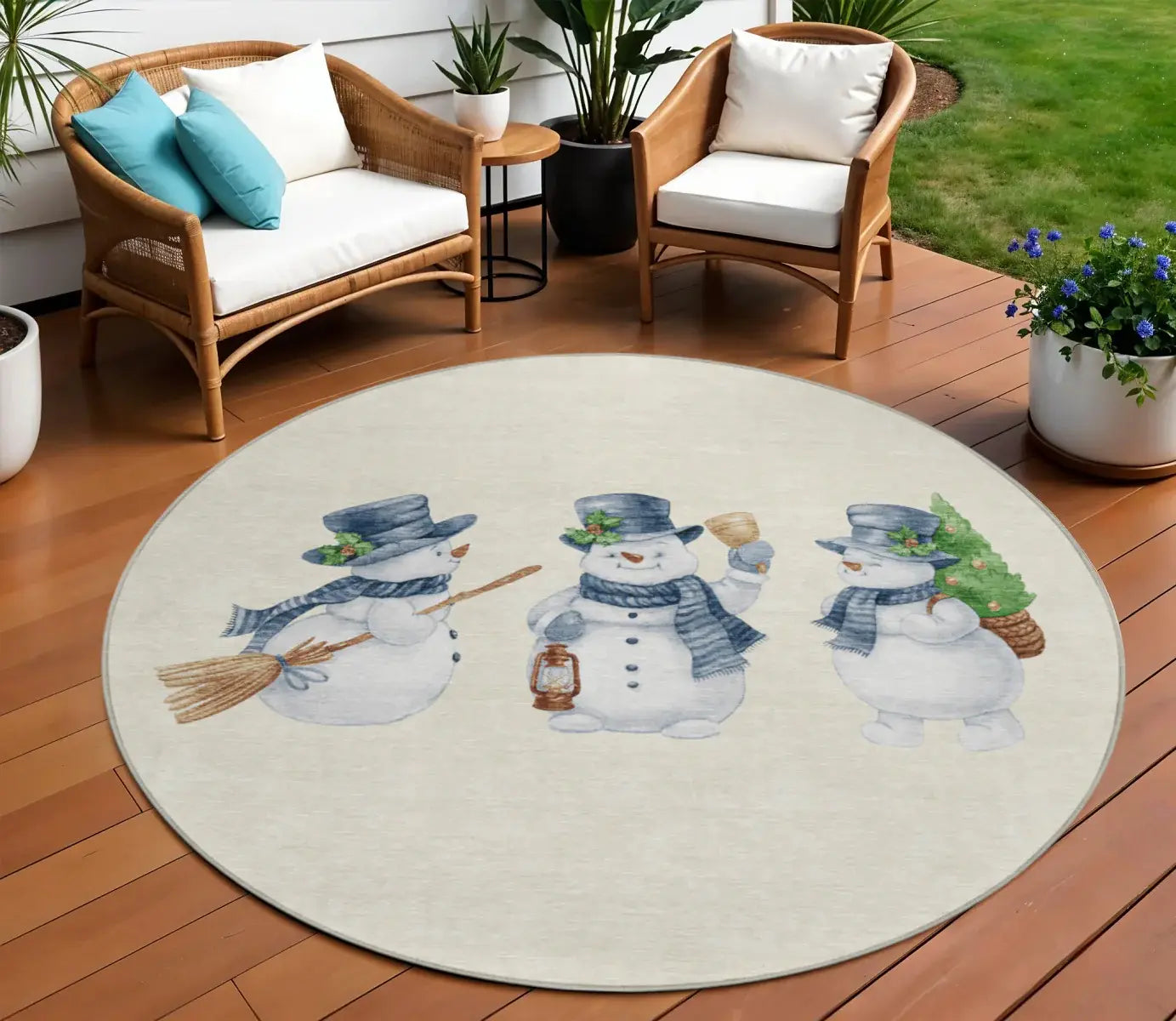 8' Ivory And Denim Blue Round Snowmen Washable Indoor Outdoor Area Rug - Homeroots - Flyclothing LLC