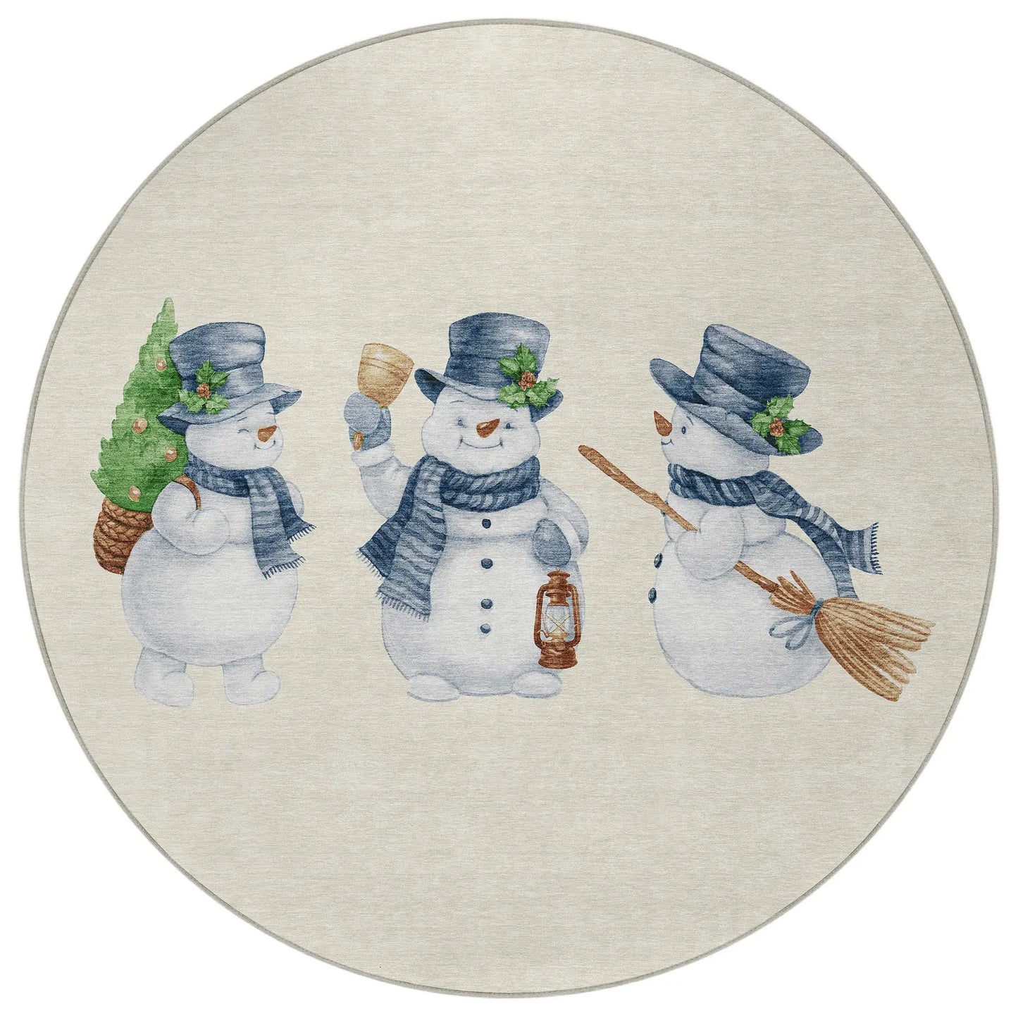 8' Ivory And Denim Blue Round Snowmen Washable Indoor Outdoor Area Rug - Homeroots - Flyclothing LLC