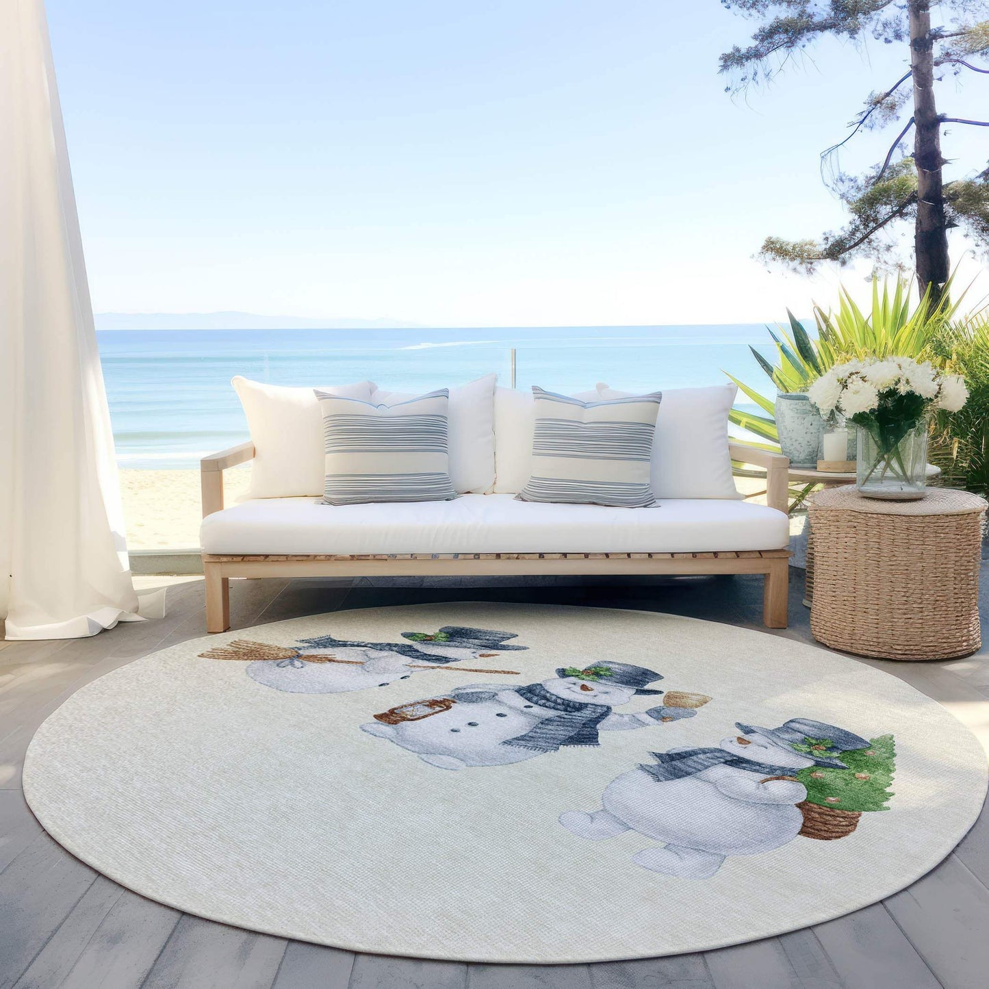 8' Ivory And Denim Blue Round Snowmen Washable Indoor Outdoor Area Rug - Homeroots - Flyclothing LLC