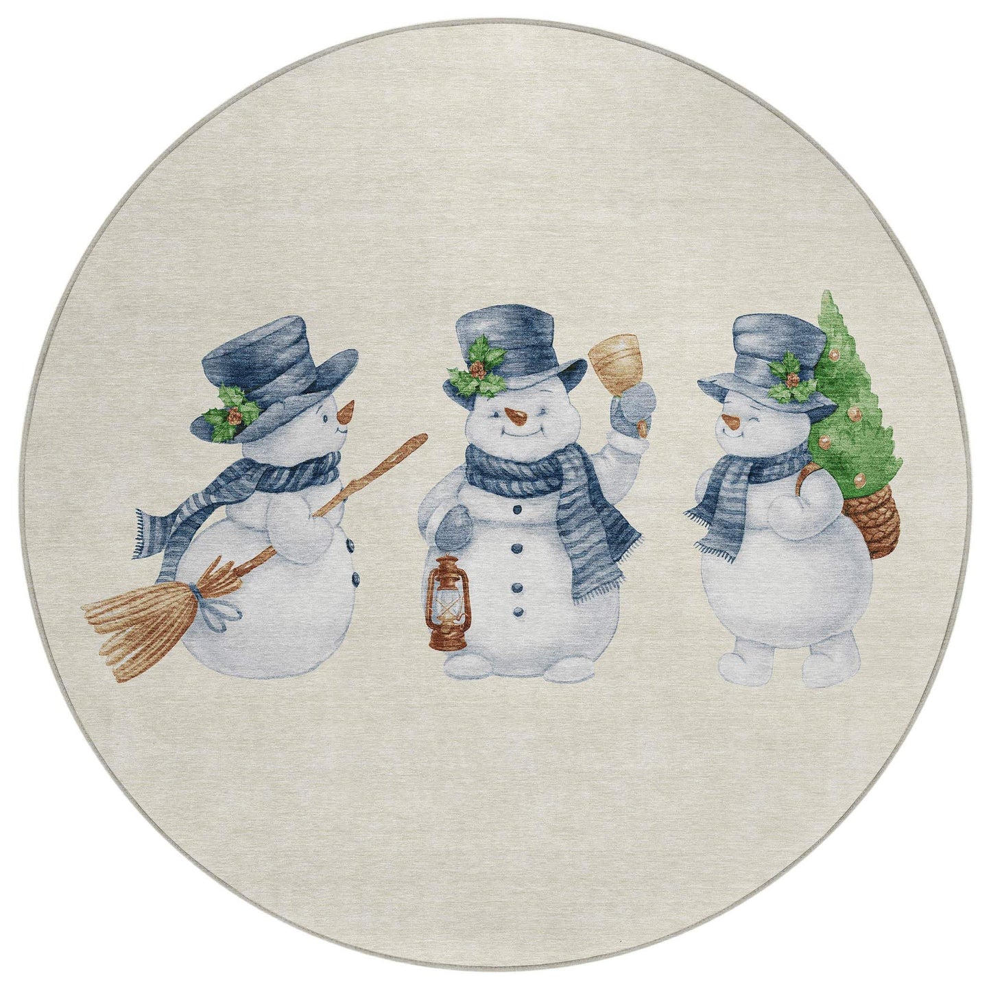 8' Ivory And Denim Blue Round Snowmen Washable Indoor Outdoor Area Rug - Homeroots - Flyclothing LLC