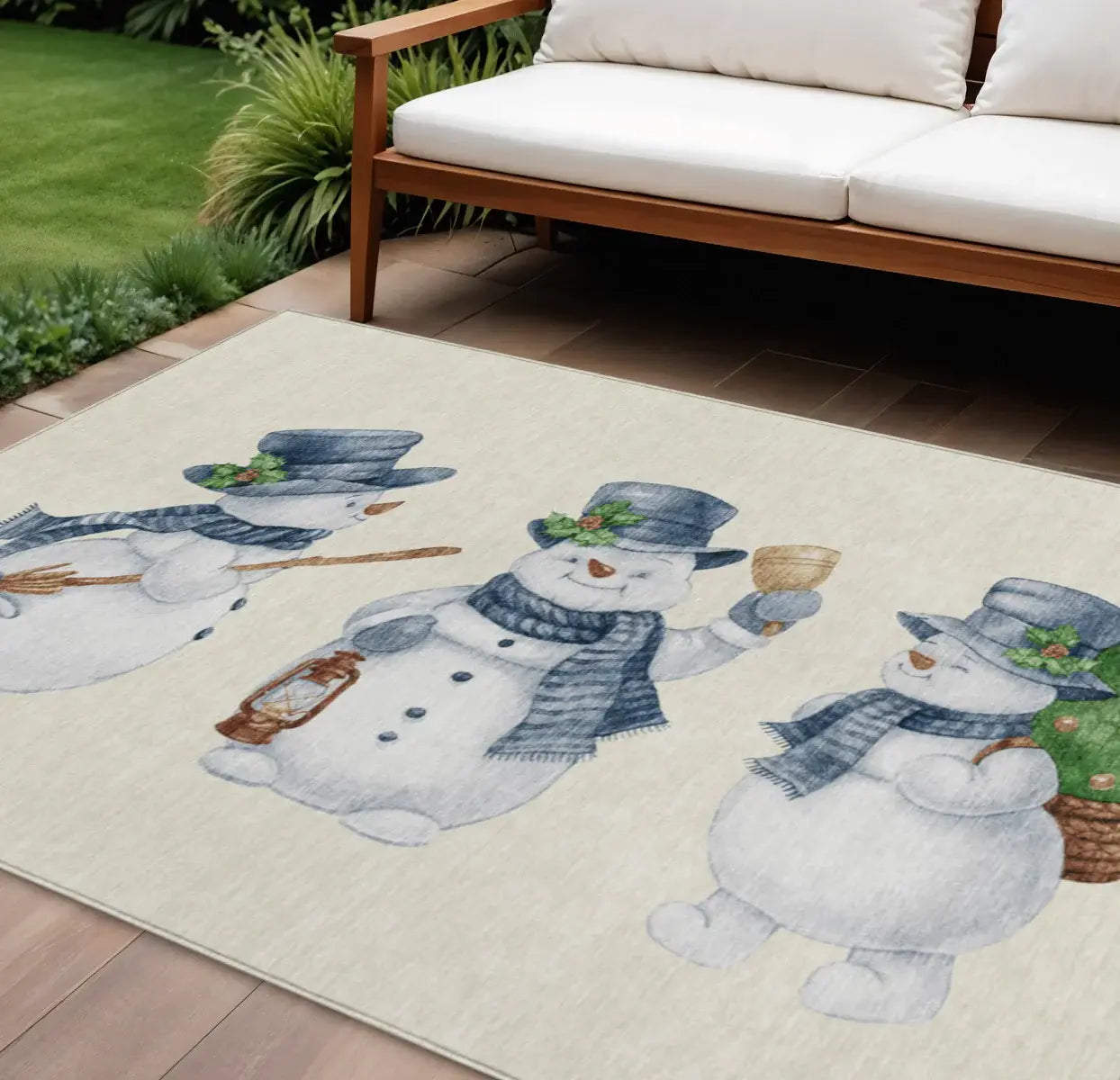9' X 12' Ivory And Denim Blue Snowmen Washable Indoor Outdoor Area Rug - Homeroots - Flyclothing LLC