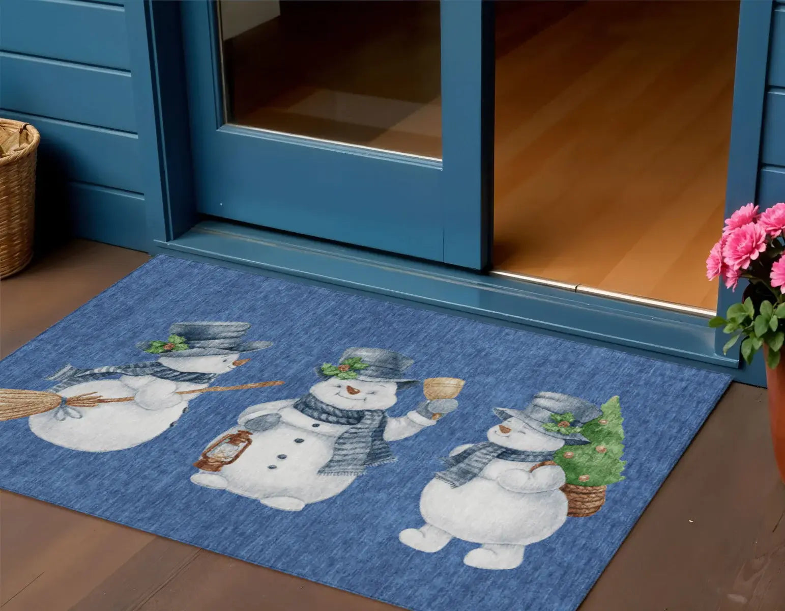 3' X 5' Navy Blue Denim Blue And Ivory Snowmen Washable Indoor Outdoor Area Rug - Homeroots - Flyclothing LLC