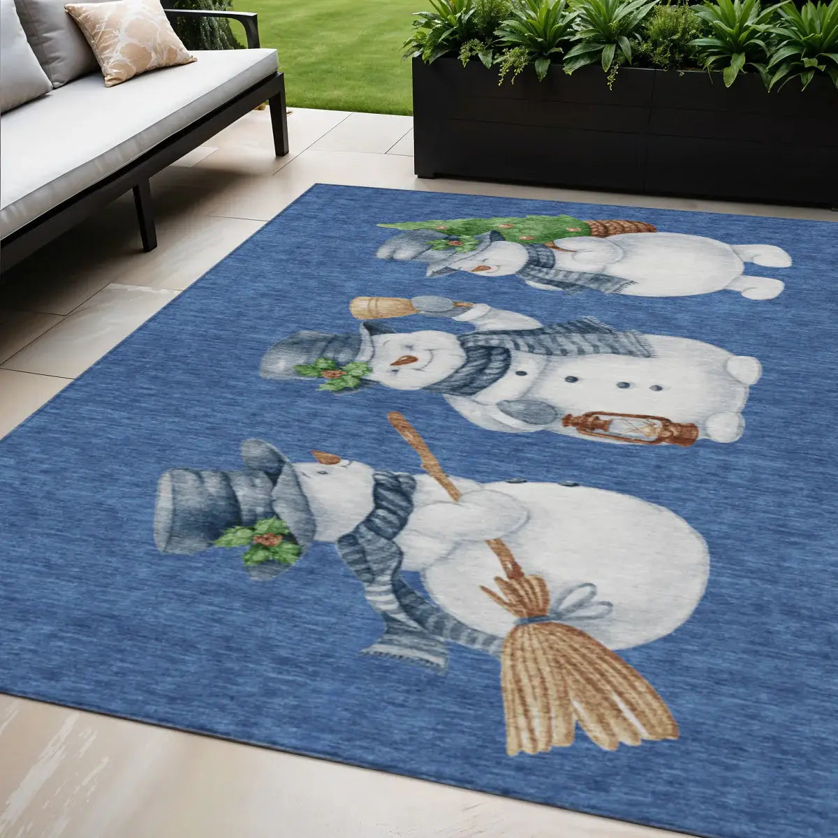 5' X 8' Navy Blue Denim Blue And Ivory Snowmen Washable Indoor Outdoor Area Rug - Homeroots - Flyclothing LLC