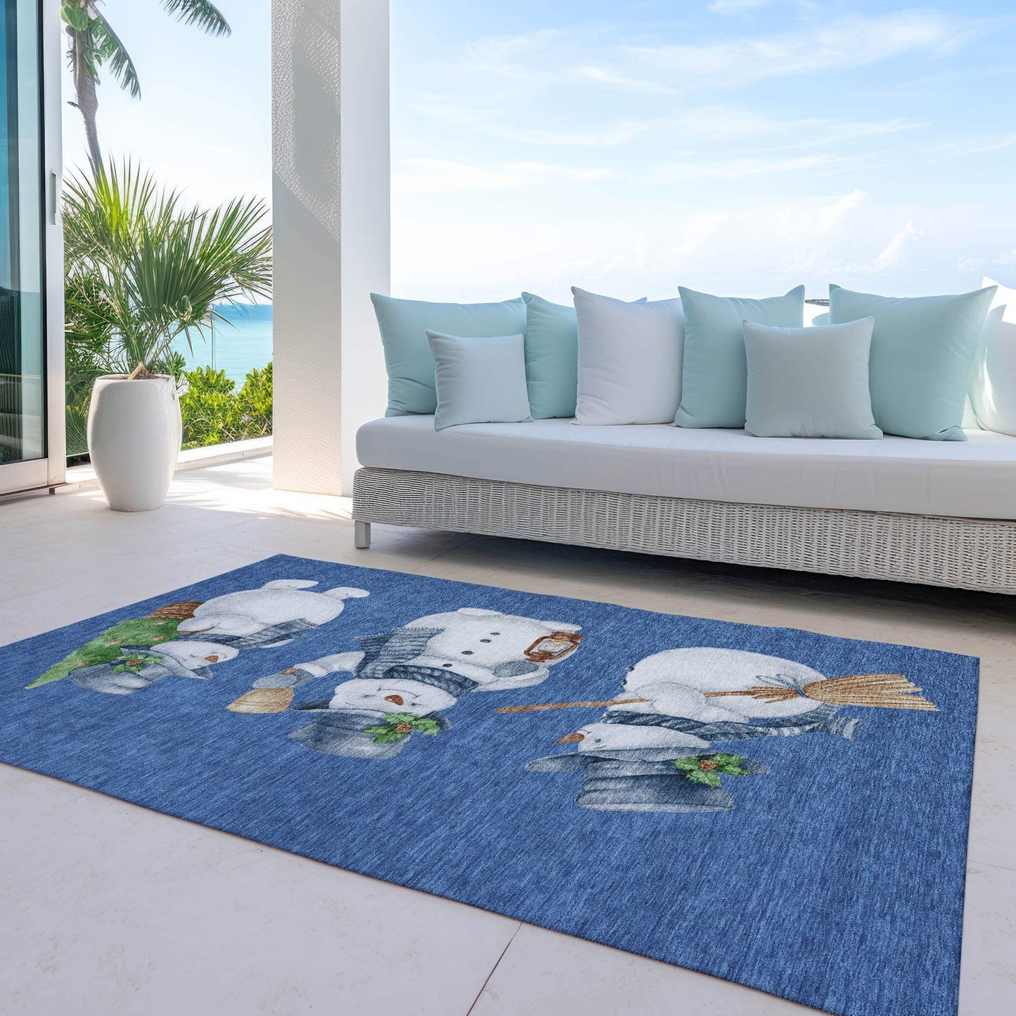 5' X 8' Navy Blue Denim Blue And Ivory Snowmen Washable Indoor Outdoor Area Rug - Homeroots - Flyclothing LLC