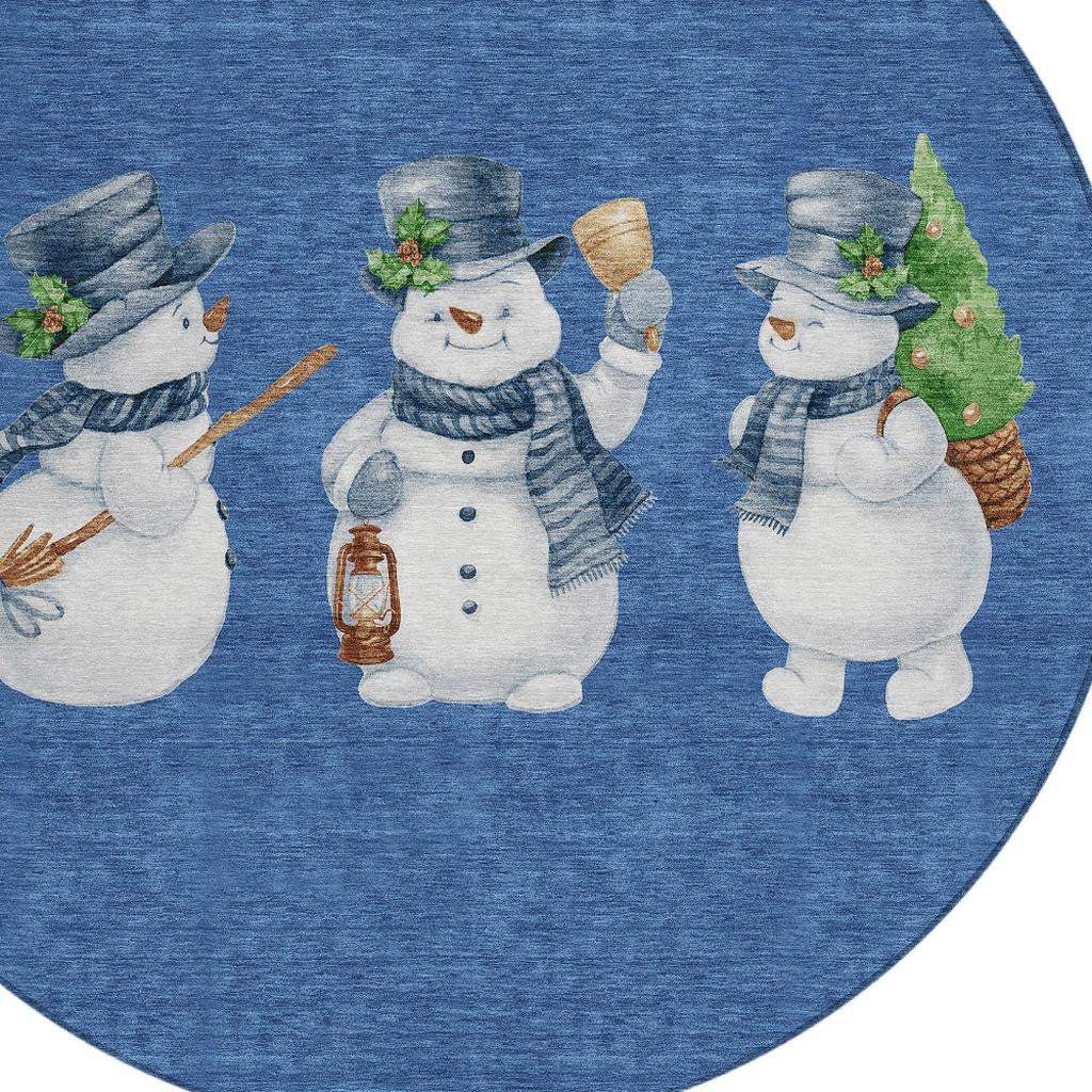8' Navy Blue Denim Blue And Ivory Round Snowmen Washable Indoor Outdoor Area Rug - Homeroots - Flyclothing LLC