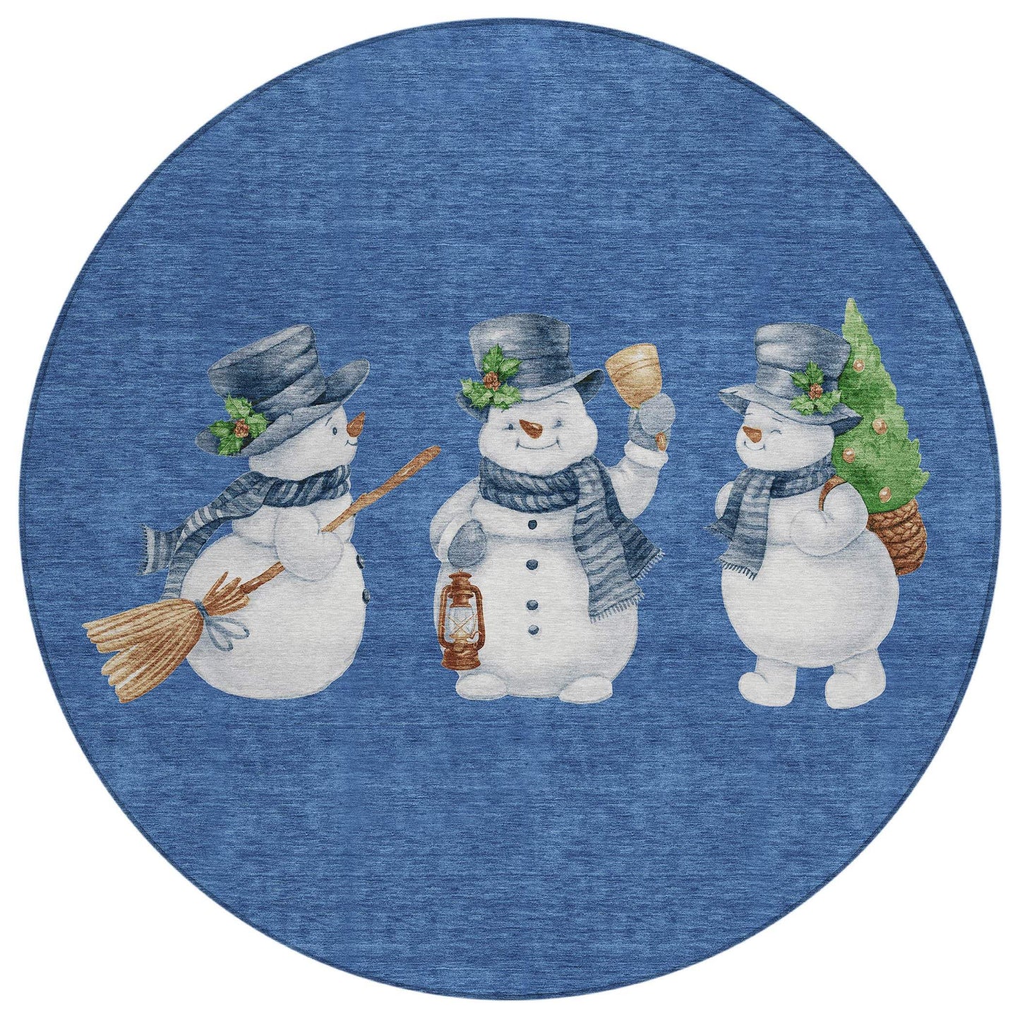 8' Navy Blue Denim Blue And Ivory Round Snowmen Washable Indoor Outdoor Area Rug - Homeroots - Flyclothing LLC
