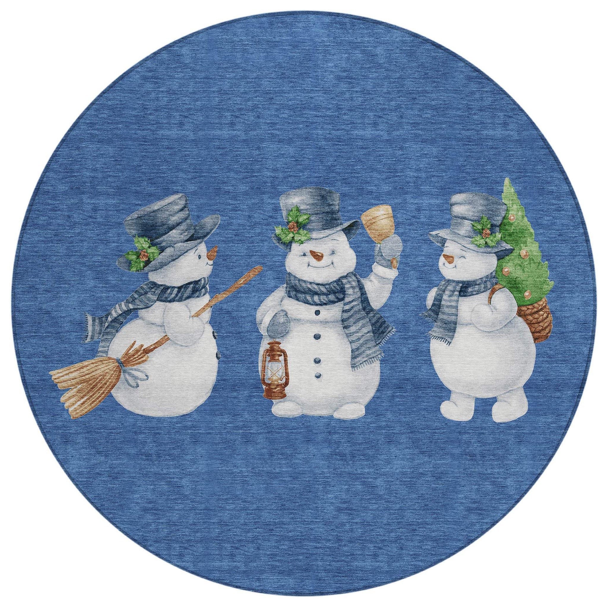 8' Navy Blue Denim Blue And Ivory Round Snowmen Washable Indoor Outdoor Area Rug - Homeroots - Flyclothing LLC