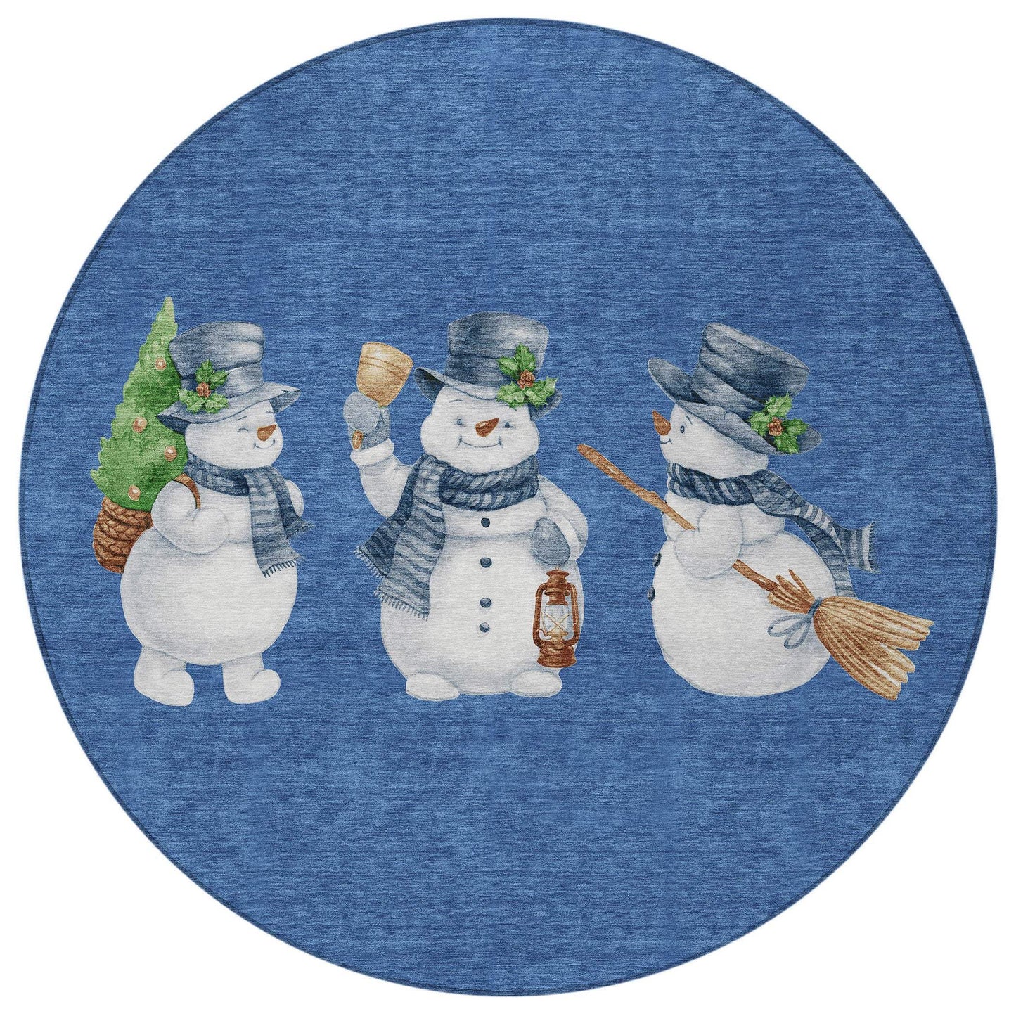 8' Navy Blue Denim Blue And Ivory Round Snowmen Washable Indoor Outdoor Area Rug - Homeroots - Flyclothing LLC