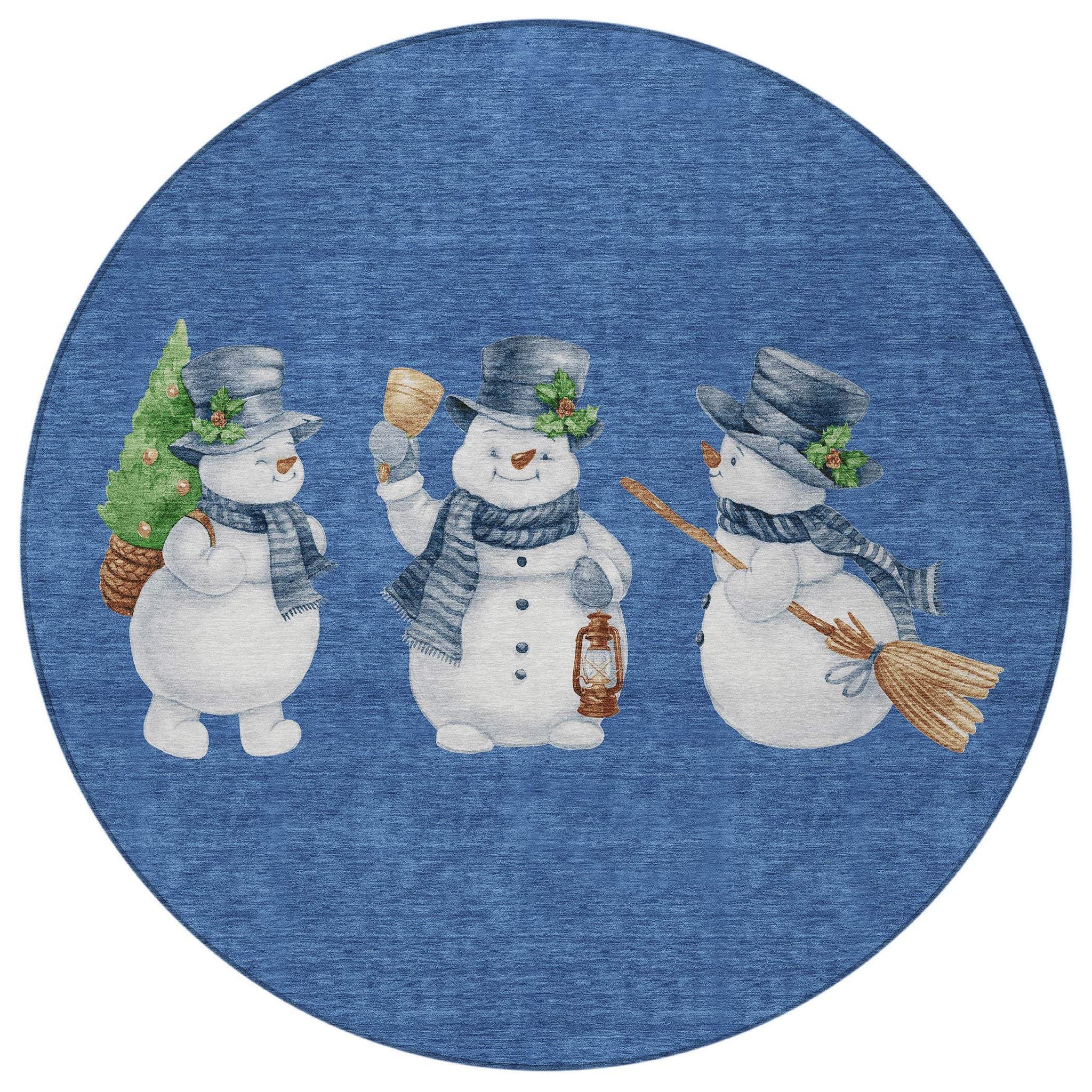 8' Navy Blue Denim Blue And Ivory Round Snowmen Washable Indoor Outdoor Area Rug - Homeroots - Flyclothing LLC